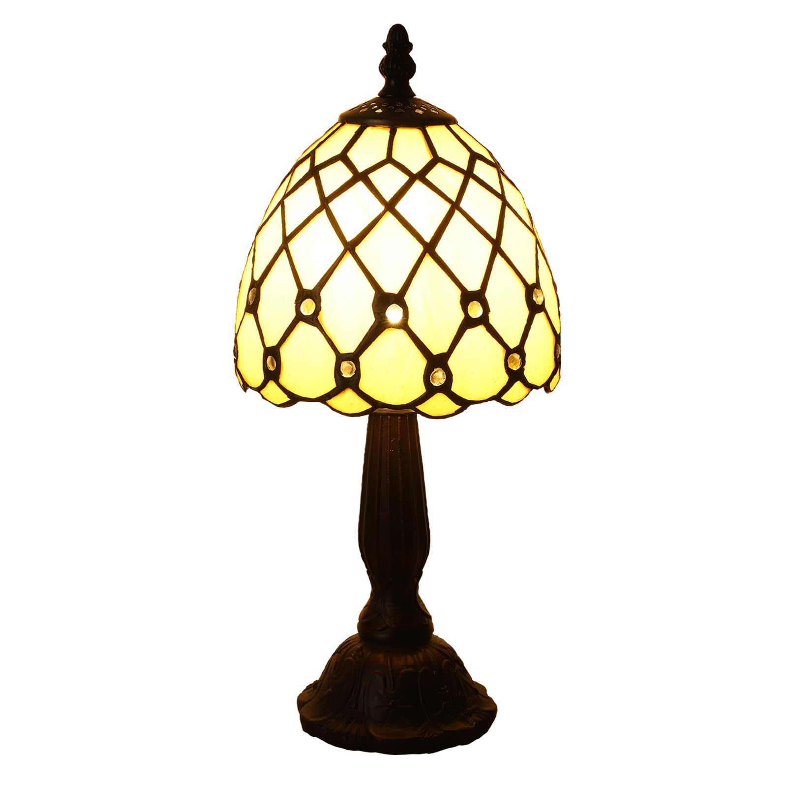 KALOUFUL Small Tiffany Style Table Lamp 3 Color Temperature Beads Light Gold Stained Glass Table Lamps for Living Dining Room Bedroom Bedside Nightstand Night Light+LED E12 Bulb 6X6X13Inch