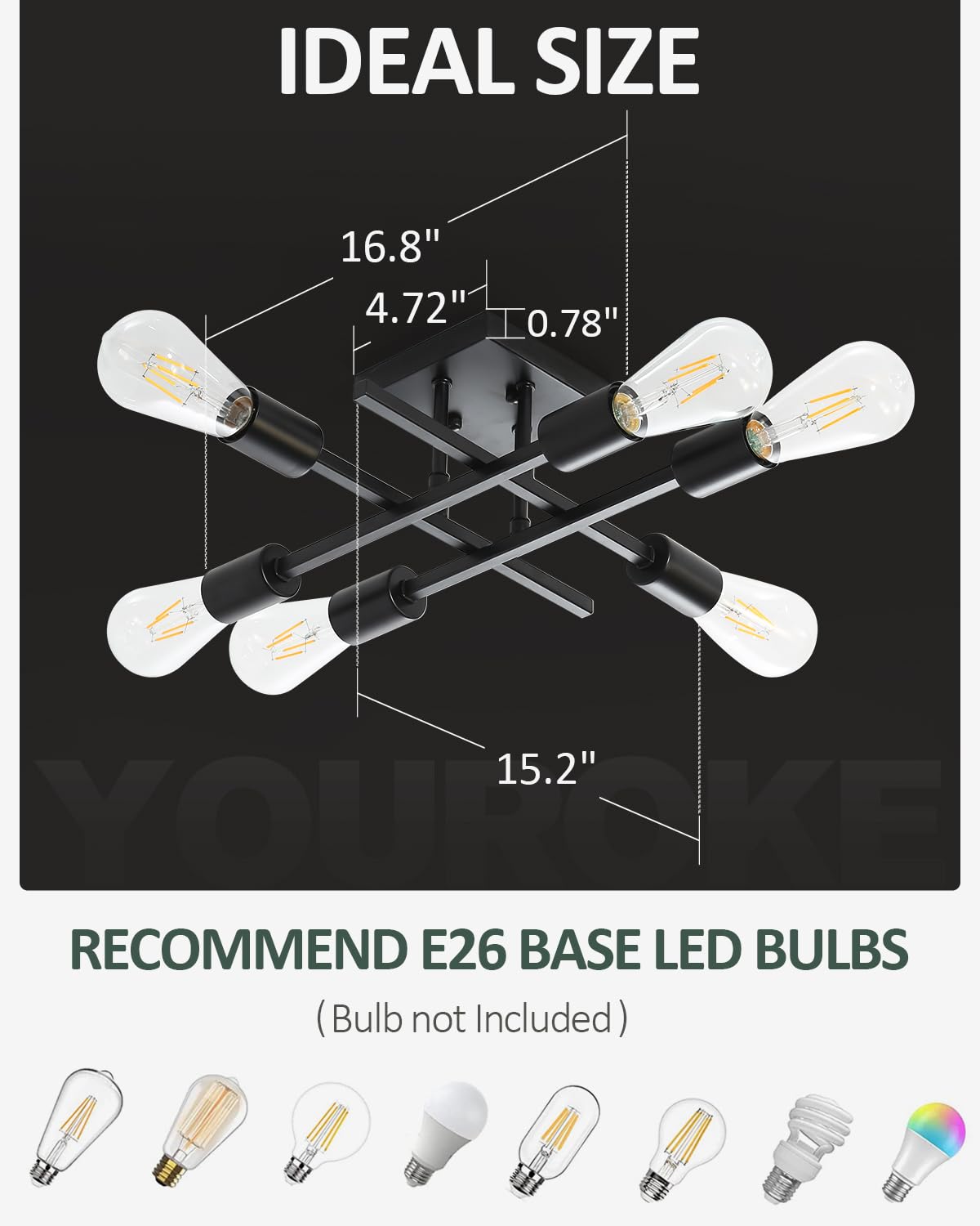 Eidonta 6-Light Semi Flush Mount Ceiling Light Fixture, 2 Pack Modern Black Sputnik Chandelier Lighting, Farmhouse E26 Stock Cei