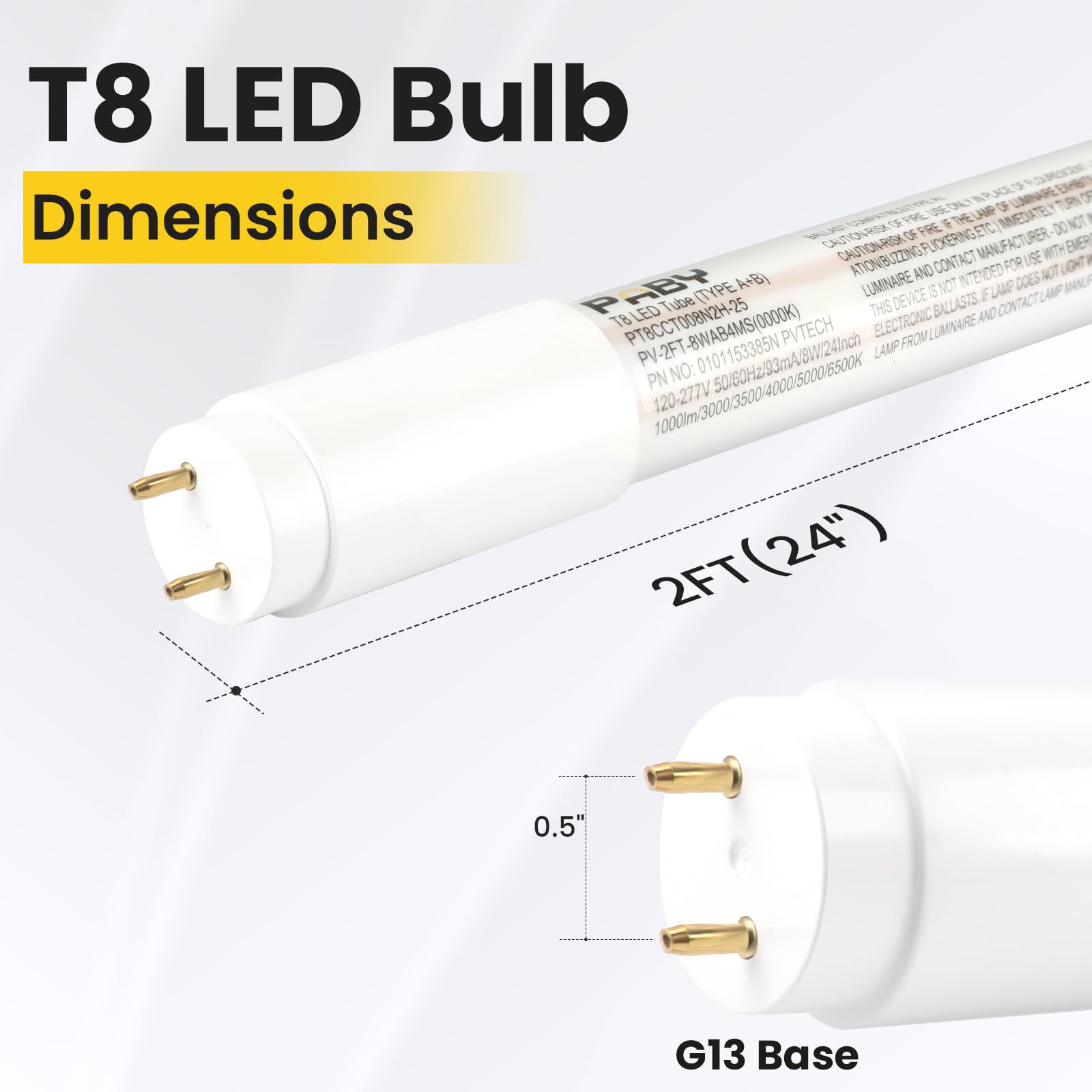 Paby 25 Pack 2FT T8 LED Type A+B Tube Light, 8W(15W Equivalent) 1000LM, 5000K, Plug & Play or Ballast Bypass, Single or Double E