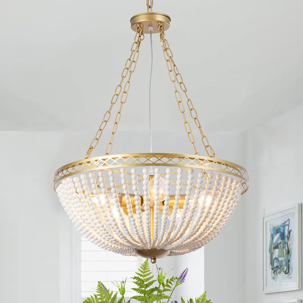 Wuhuyipi Boho Wood Beaded Chandelier, 5-Light, Pendant Hanging Light Fixture, Farmhouse Rustic Brass Color