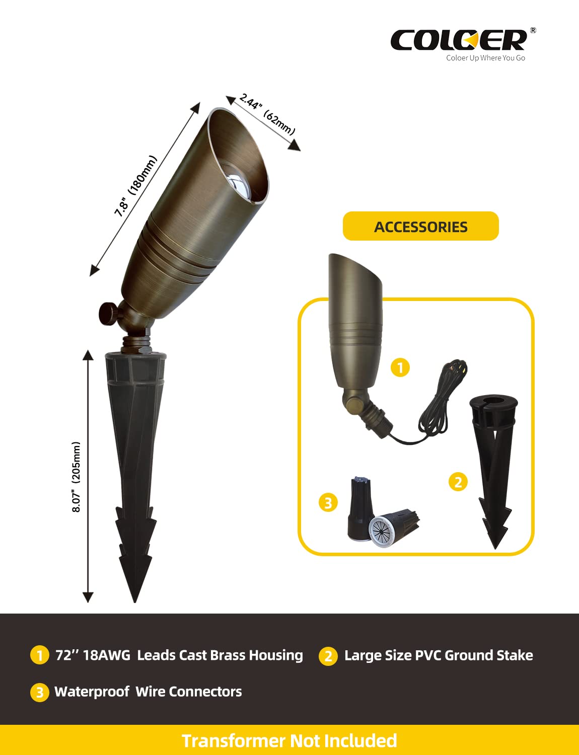 Coloer Die-Cast Brass Landscape Spotlights Outdoor, 12V Ac/Dc Low Voltage Spotlight, Ip65 Waterproof Landscape Lighting For Yard