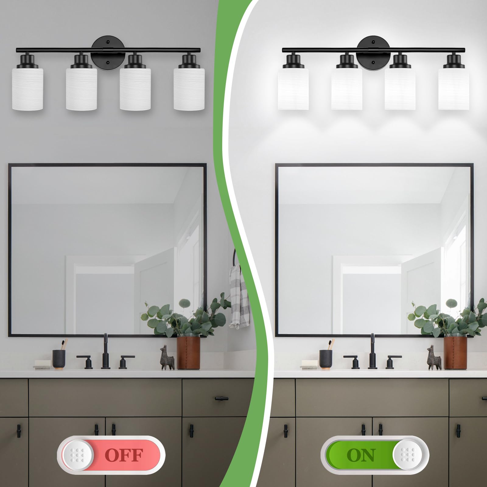 Guliaofo 4-Light Matte Black Vanity Light Fixture with Milky White Frosted Glass Shade, Model Gu-111-LWNBH-3