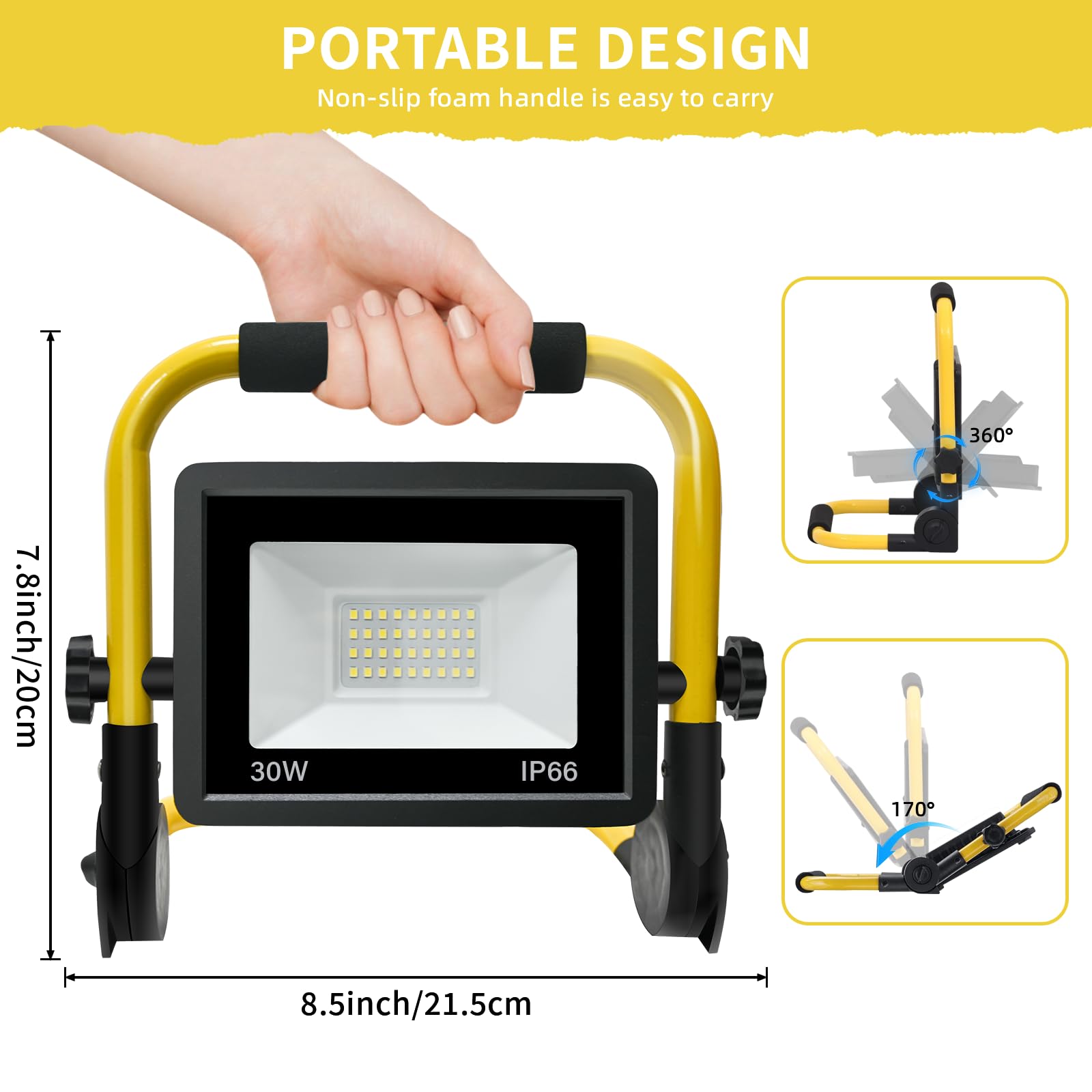 Jefedana 30W Led Work Light With Stand-Portable Work Light With 16.4Ft Cord And Us Plug - Ip66 Waterproof 6500K 3600Lm Led Flood Light For Job Site Workshop Garage Construction Site Lighting