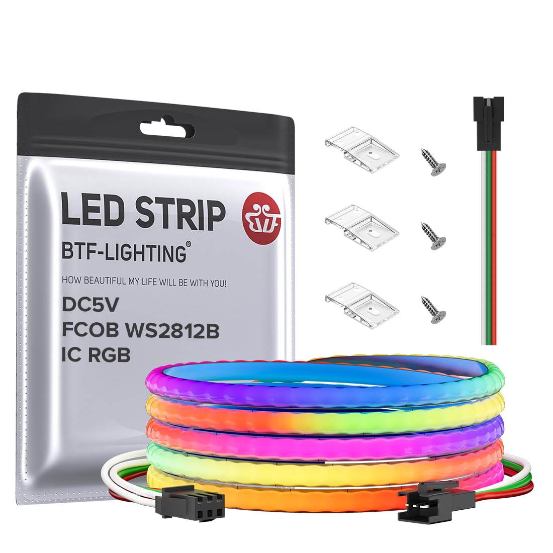 BTF-LIGHTING RGB LED Strip 160LED/m 6.5FT Flexible DC5V FCOB WS2812B High Density 0.19in Width