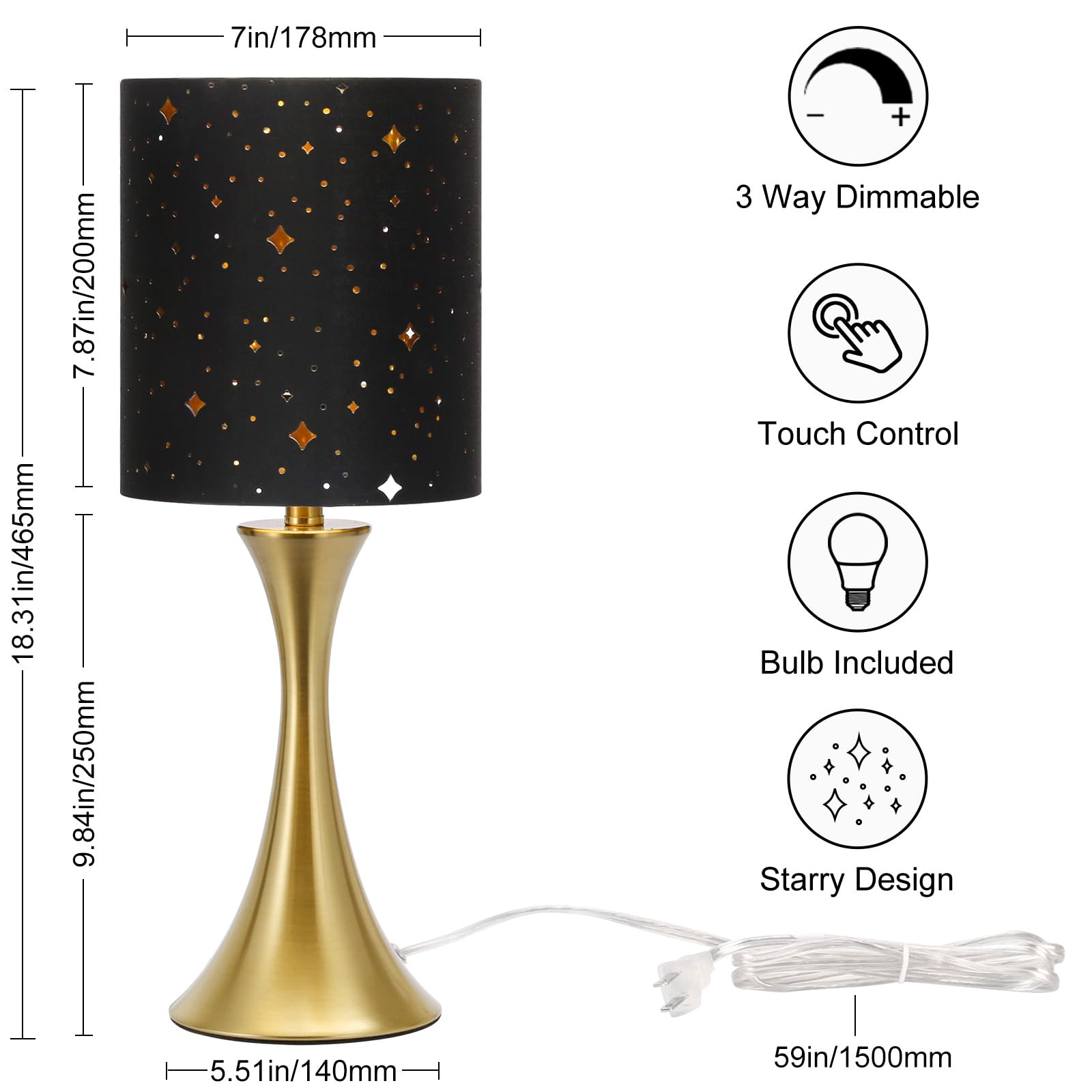 Touch Lamp For Bedroom, 3 Way Dimmable Gold Table Lamp With Black Starry Shade, Decorative Nightstand Lamp Ambient Beside Light