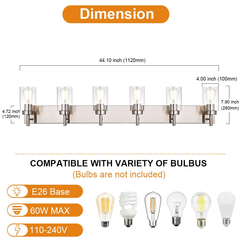 Vinluz Bathroom Vanity Light Fixture Brushed Nickel With Clear Glass 6-Light Modern Wall Lighting Industrial Indoor Sconces Wall