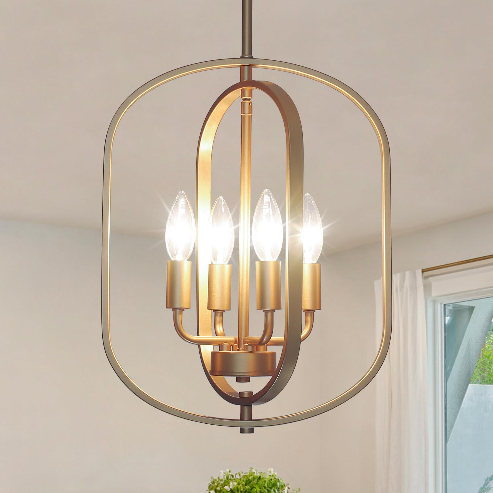 Gold Chandelier For Dining Room Light Fixture, 4 Light Entryway Light Fixture, Adjustable Modern Farmhouse Chandelier Foyer Ligh