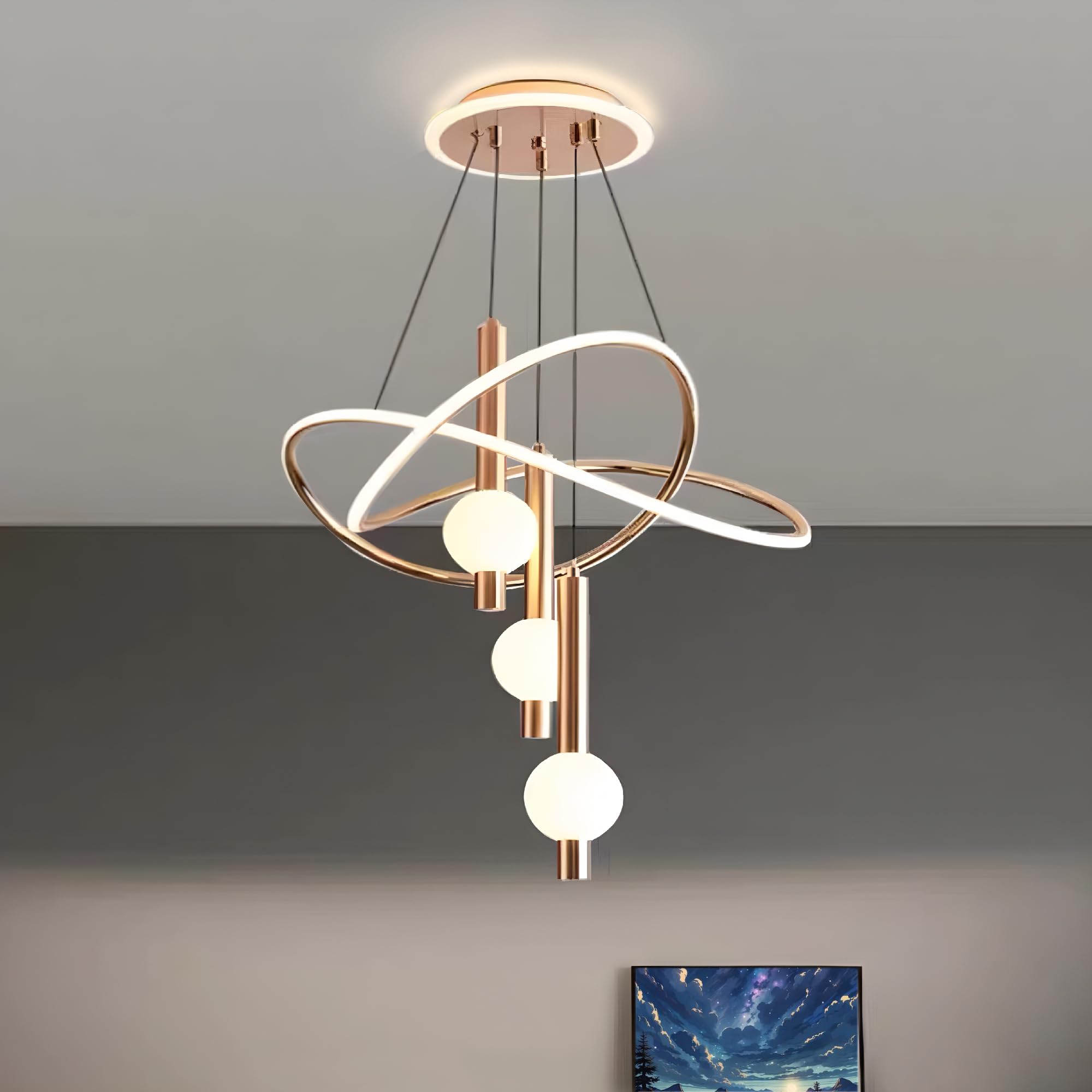 mfanchan Modern Gold LED Chandelier, Adjustable Pendant Light, 19.7in, Brass Gold, Metal, Glass Chandelier 16in