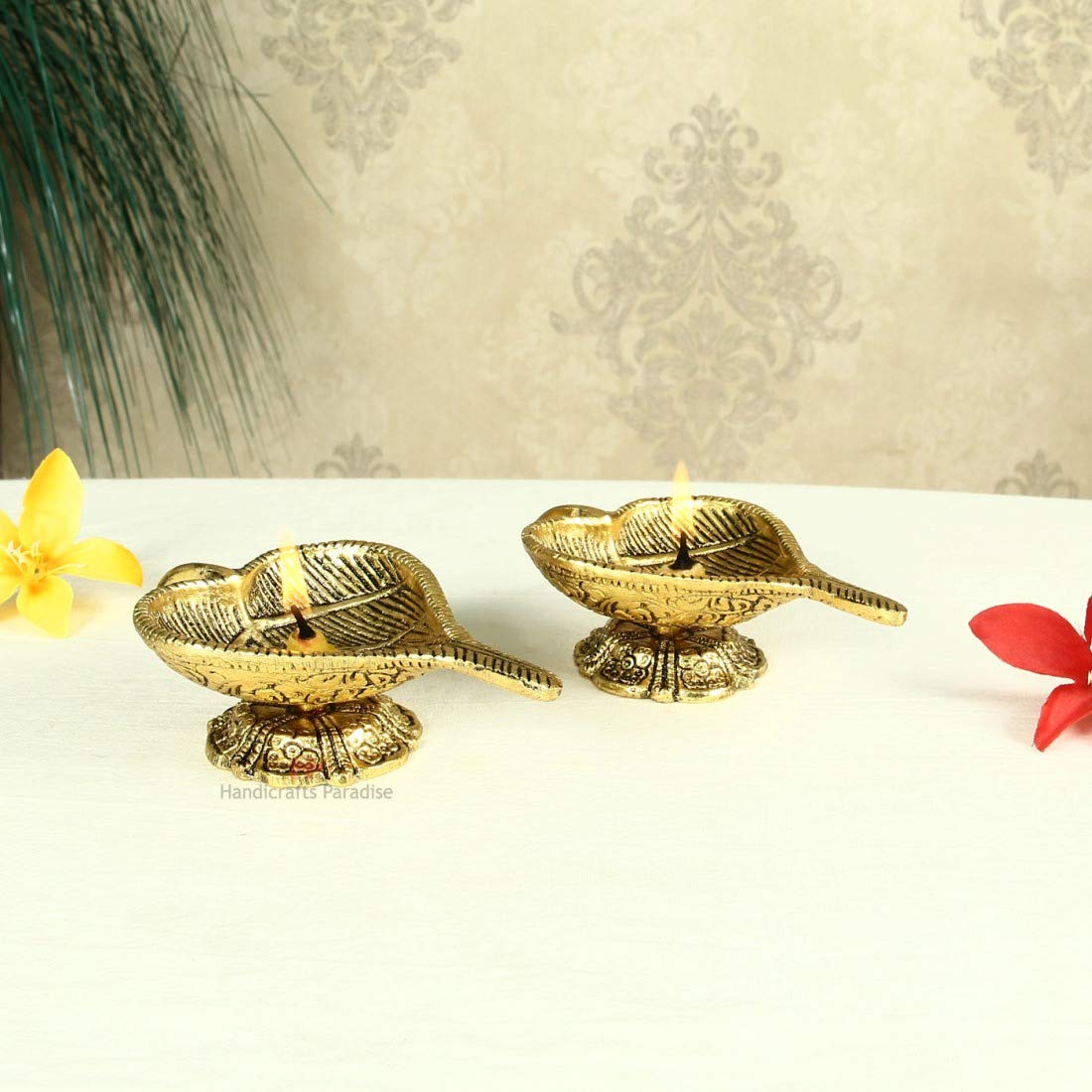 Handicrafts Paradise Leaf Shaped Diya Pair - Antique Gold Plated Metal, 3 X 5 Inches, Golden Finish, Model Oxm18146