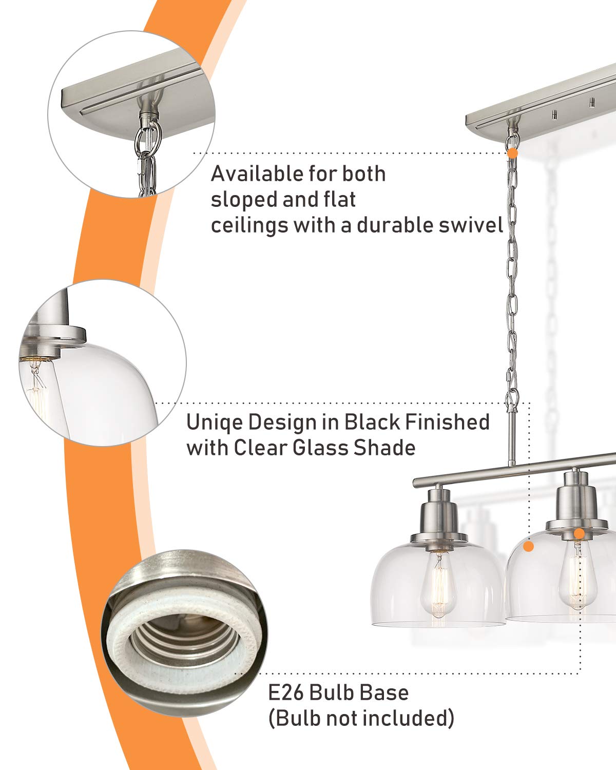 Eapudun 3-Light Farmhouse Pendant Light, Brushed Nickel With Clear Glass For Kitchen Island