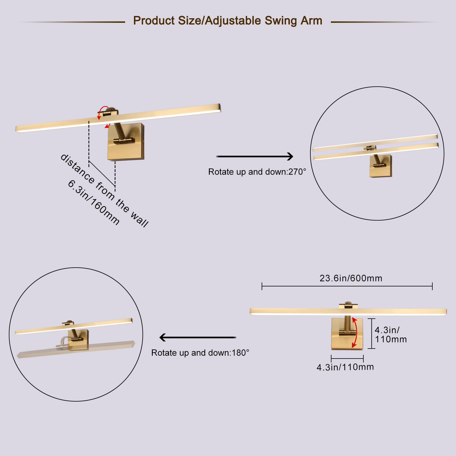 Hard-Wired Picture Lights 23.62 Inch Dimmable Led Wall Art Lighting 14W 2700K  Warm Whitemodern Brass Gallery Light Poster Lights Adjustable Swing Arm Picture Frame Light For Display Art Work