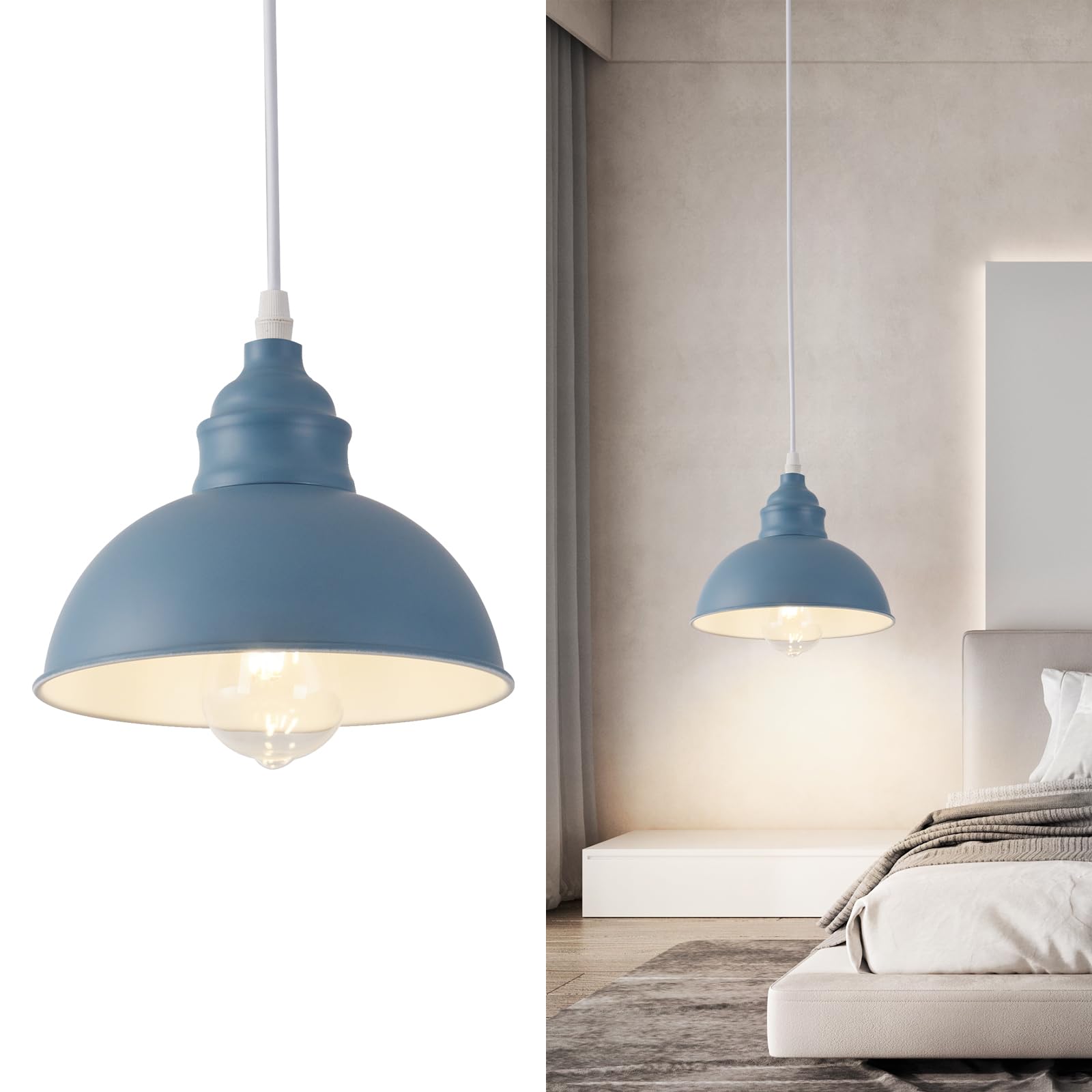 SoodMi Plug-in Pendant Light, Industrial Metal Hanging Lamp with On/Off Switch, 15FT Cord, Blue, Model PDL-012