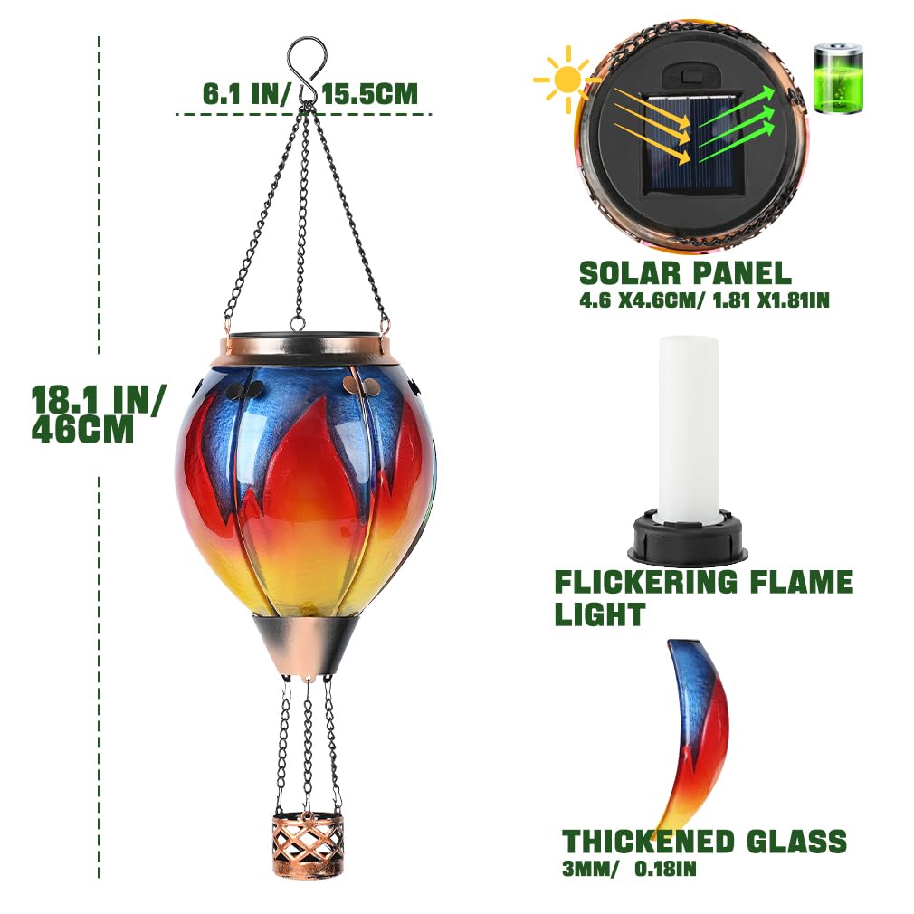 Hot Air Balloon Solar Lantern - Simulated Flickering & Dancing Flame Glass Lantern   Outdoor Hanging Yard Light Waterproof Ip65 For Garden Patio Lawn Porch Decor Gift