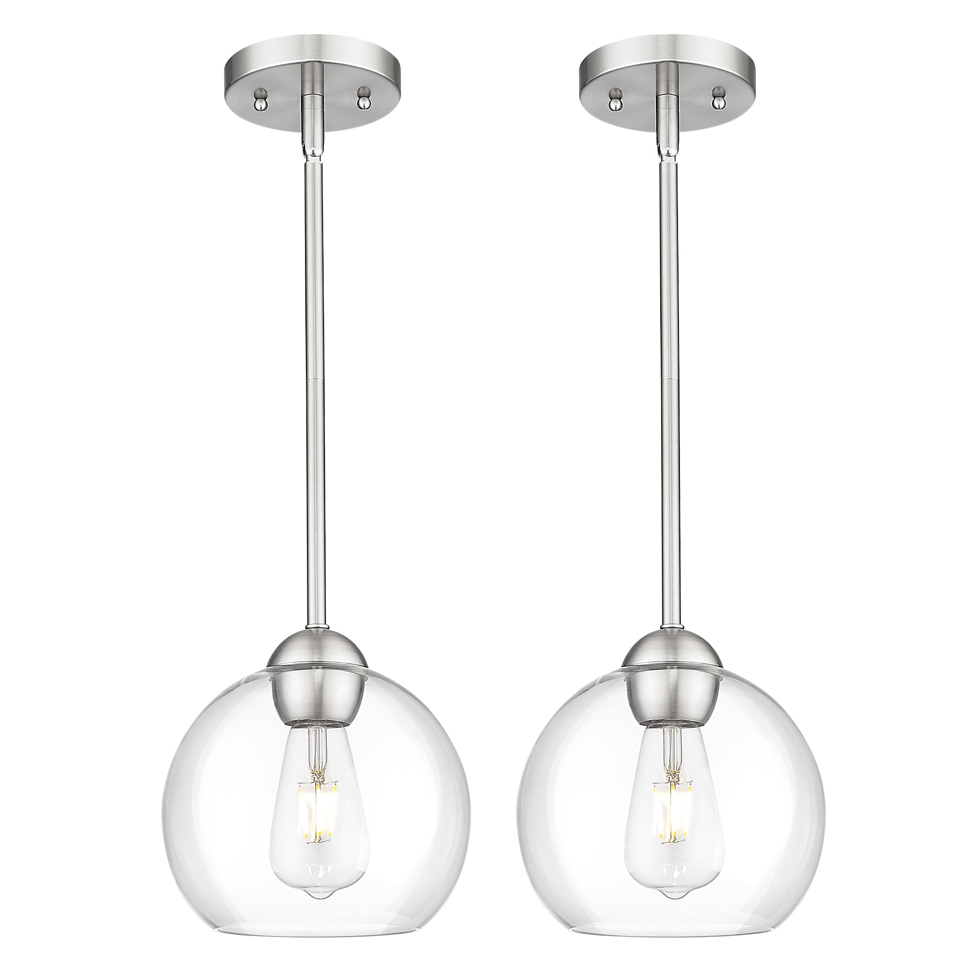 Emak 2 Pack Brushed Nickel Pendant Lights Kitchen Island, 8 Inch Globe Pendant Lighting with Clear Glass Shade, Modern Hanging L