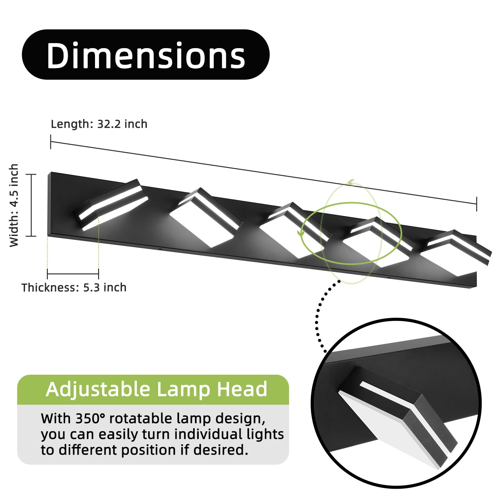 OKELI 5-Light LED Bathroom Vanity Light, Dimmable, 36.2" Matte Black, Adjustable Lamp Head, Model OK-9553-5T-BK
