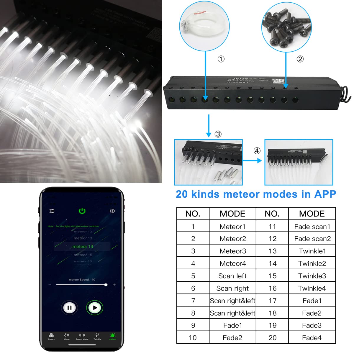 Azimom Dual Port 16W Twinkle Bluetooth Fiber Optic Starlight Kits 900Pcs0.03In9.8Ft Fibers Strands Meteor Shooting Star Sound Ac