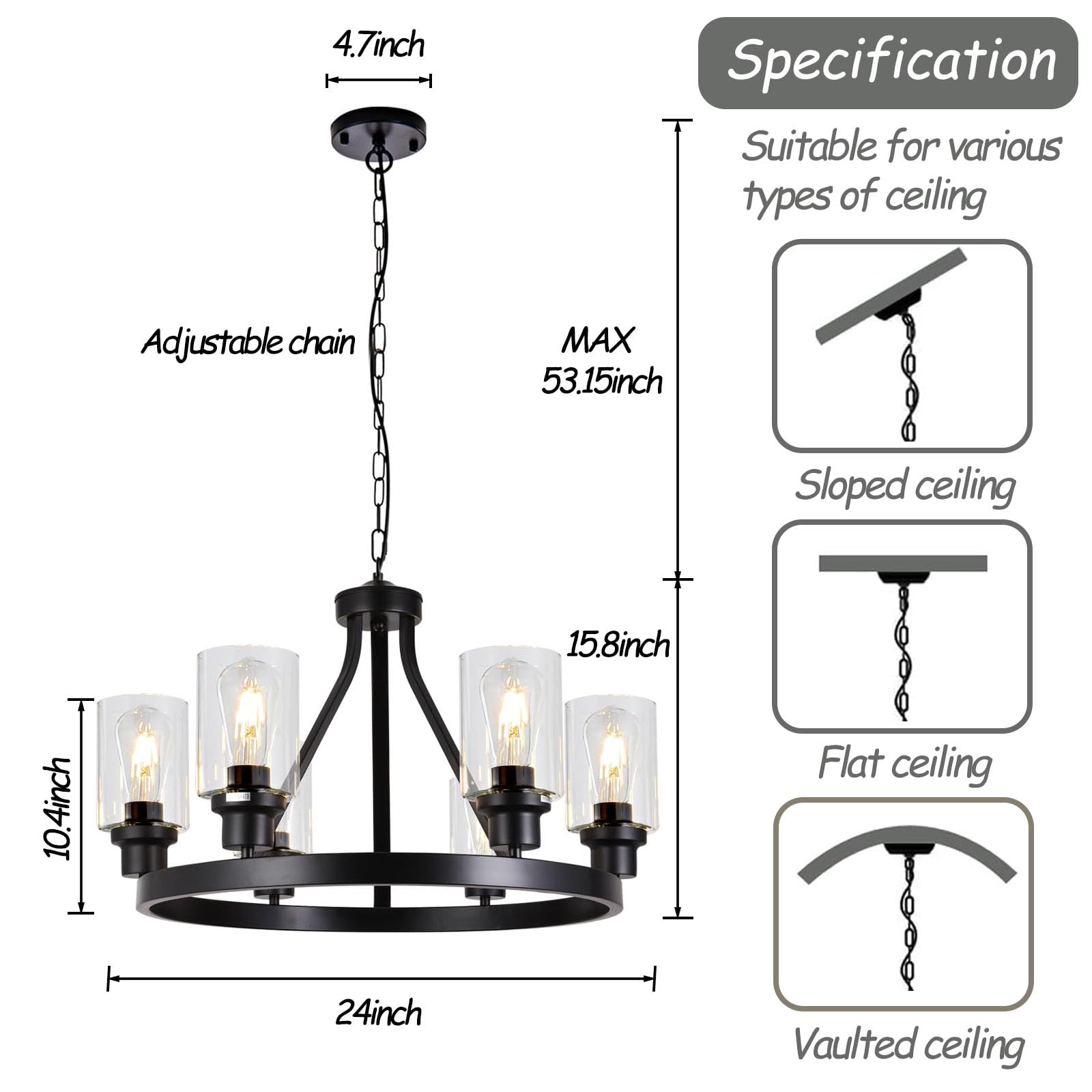 LOFTPLUS Farmhouse 6-Light Black Chandelier with Glass Shade for Dining Room, Living Room, Kitchen Island, Entryway