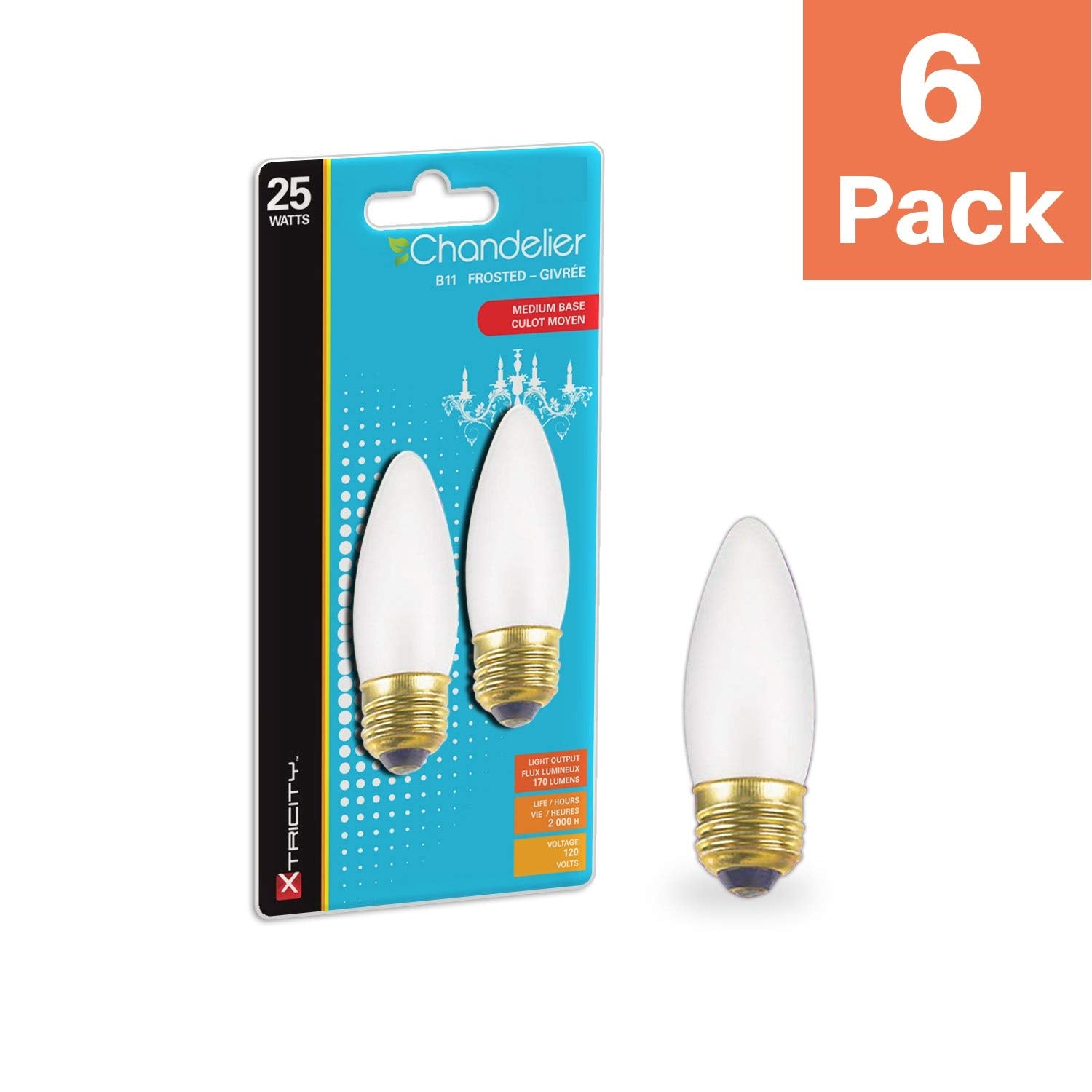 25W B11 Incandescent Frosted Chandelier Light Bulb, Torpedo Tip, E26 Medium Base, 170 Lumens, Dimmable, 120V, (6 Pack)