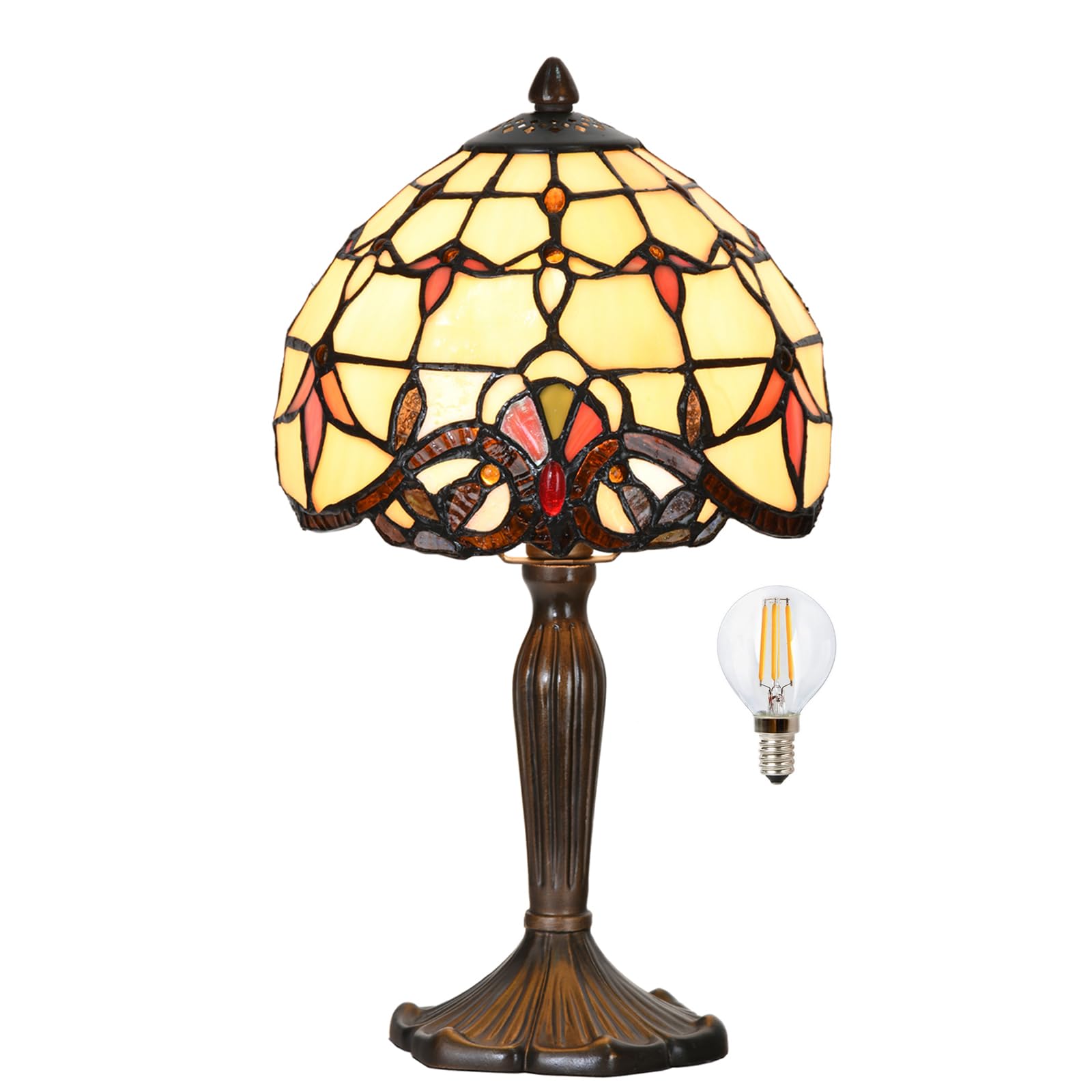 HomeBeauty TL0007 Tiffany Lamp Baroque Design Stained Glass Table Lamp 8 D x 14.25 H for Living Room Bedroom Bedside Nightstand Home Office  LED Bulb Included (Beige Baroque)