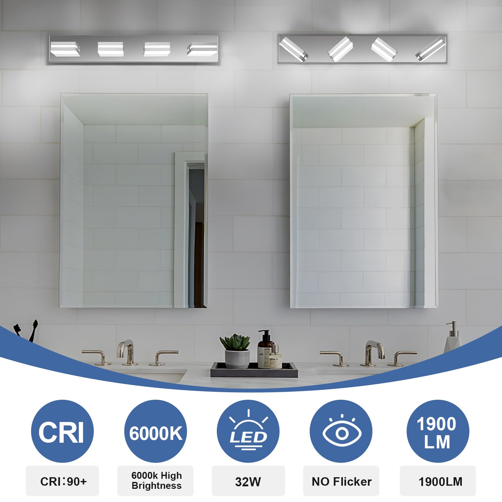 JZEKVN Modern LED Bathroom Vanity Lights, 4-Light Stainless Steel Chrome, 27.17" Acrylic Wall Fixture, Model 202541006, 6000K