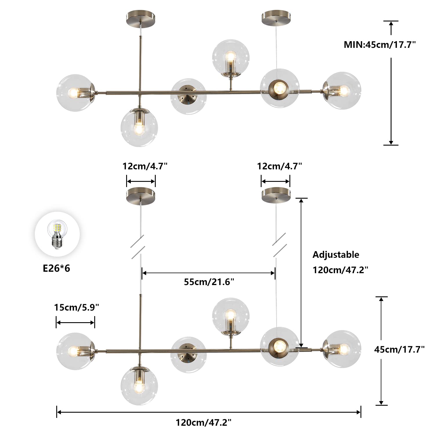 KCO Modern Ceiling Pendant Light, 6-Light Adjustable Chandelier, Mid-Century Glass Globes, Silver+Clear