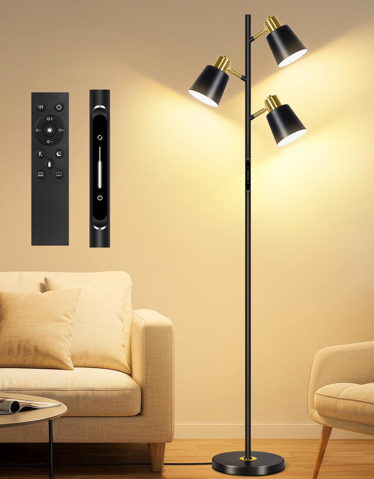 OUTON LED Floor Lamp, Modern Dimmable Standing Lamp with Remote, 4 Color Temperatures, Black & Gold