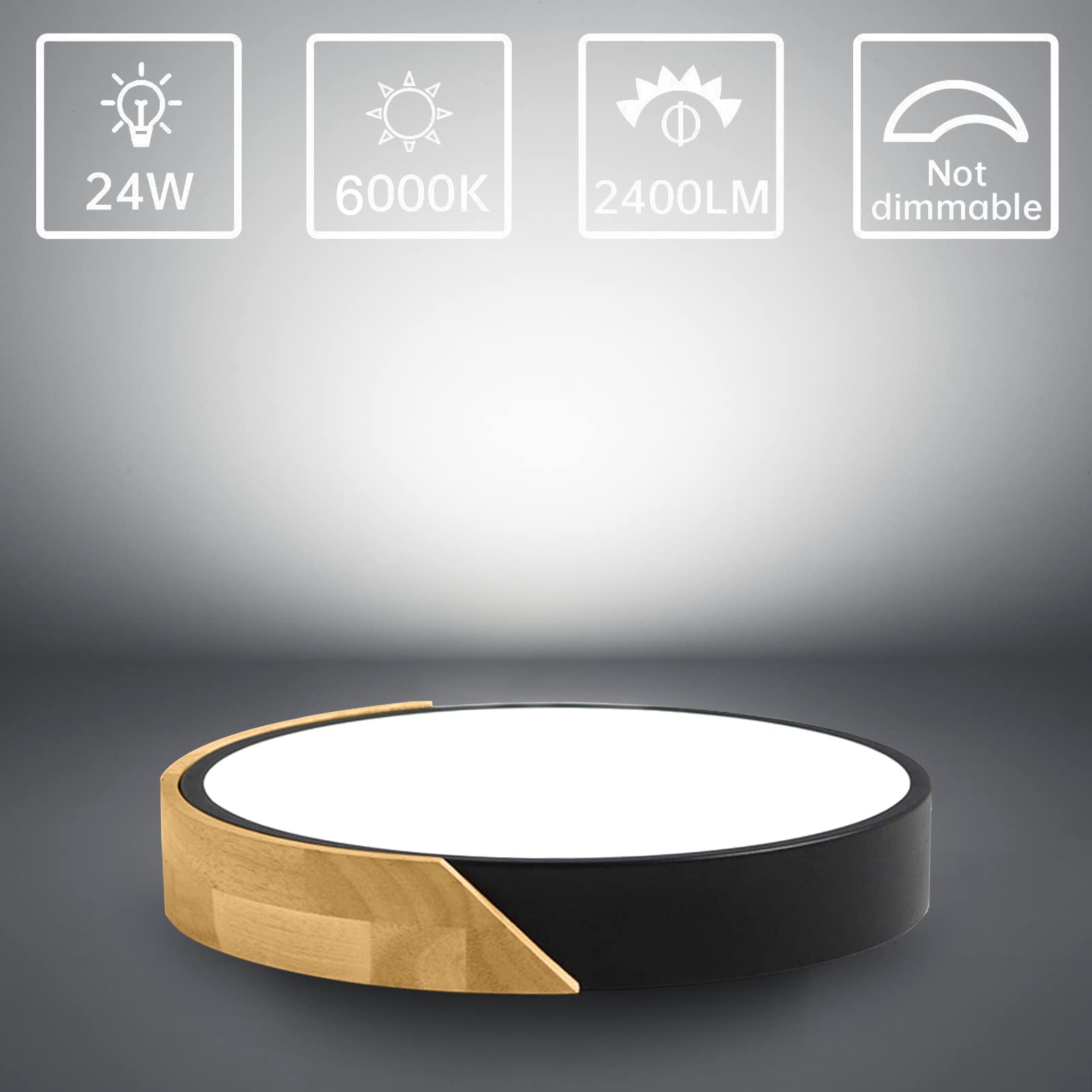 Led Ceiling Light Flush Mount: 12 Inch 24W Bedroom Light Fixture With Round Wood Modern Black Flat Overhead Minimalist Ceiling L