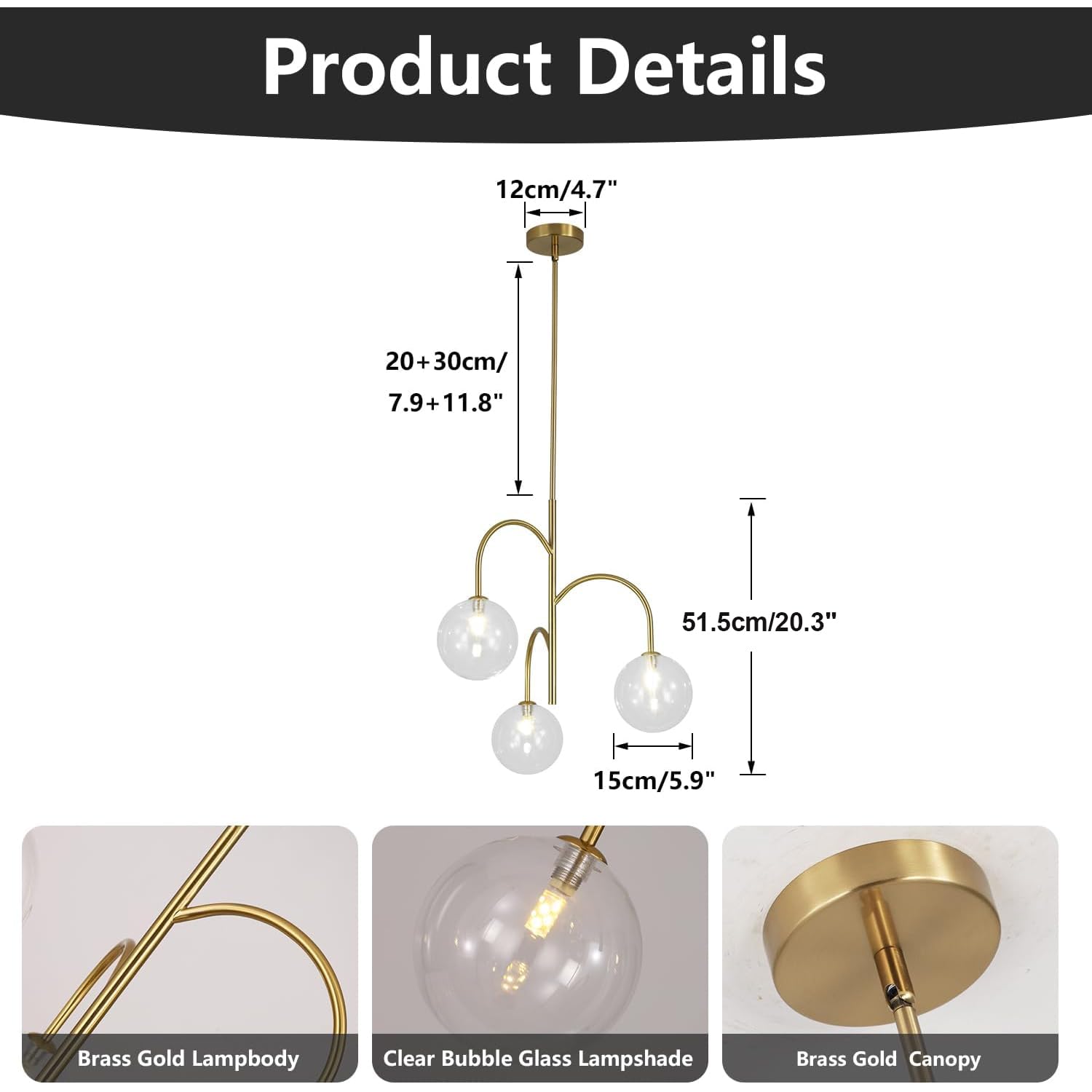 Flyrose Modern Gold Globe Pendant Lighting 3-Light Clear Glass Bubble Chandelier Mid Century Sputnik Light Fixture Brushed Brass