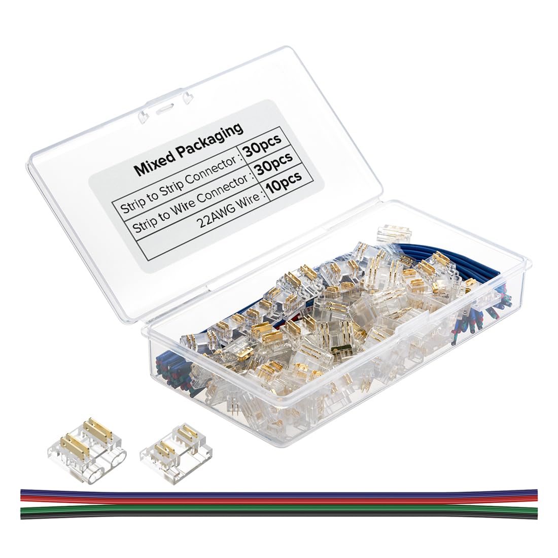 Btf-Lighting Fcob 4Pin 10Mm 0.39In Transparent Connector Kit 30Pcs Strip To Wire 30Pcs Gapless Solderless Connectors 10Pcs 5.9In Long 22Awg Extension Wires Support Fcob 3Pin Cct 4Pin Rgb Led Strip