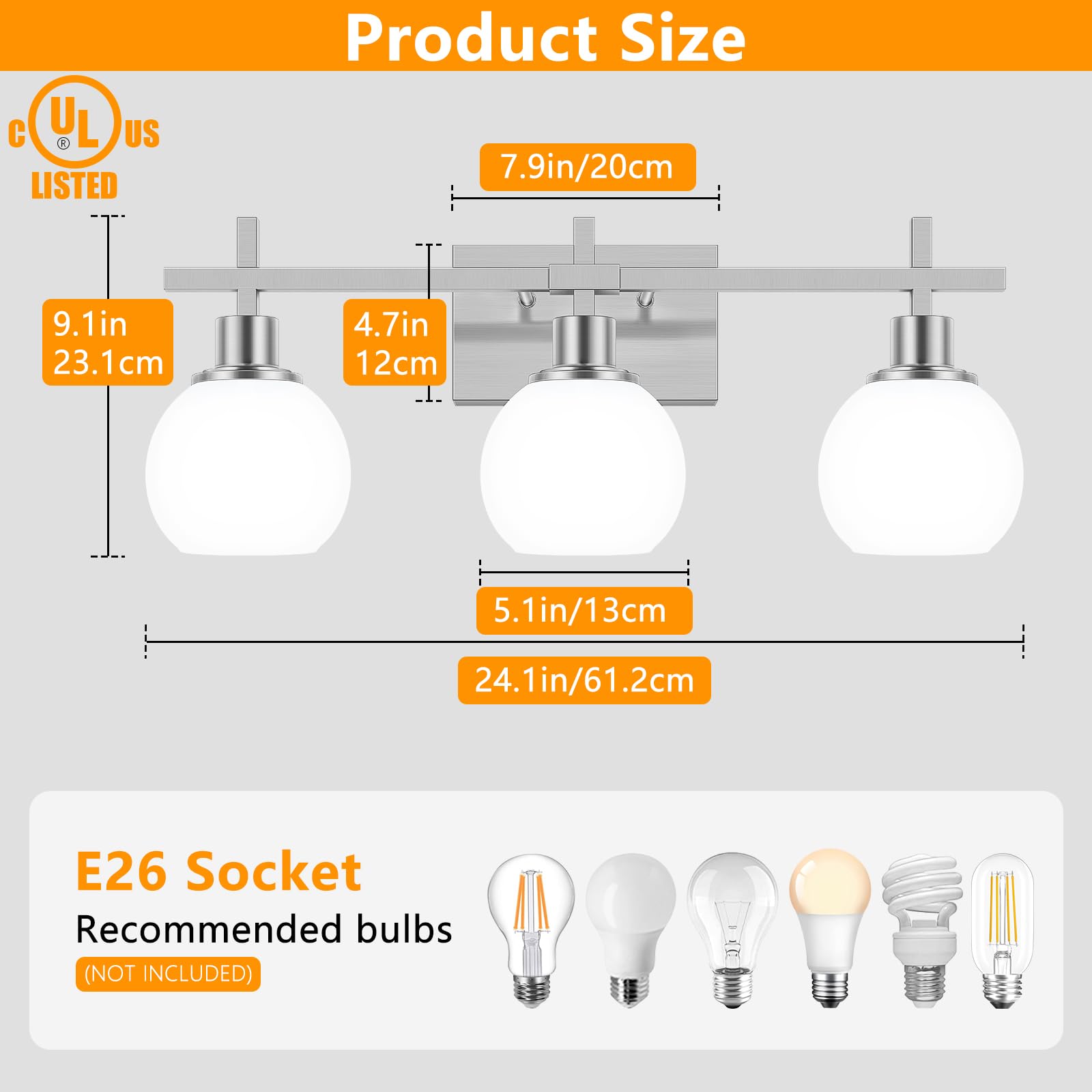 Dpyrrhic 3-Light Bathroom Vanity Lighting Fixtures, Brushed Nickel, Metal, JD-191, Milky White Glass Lampshade