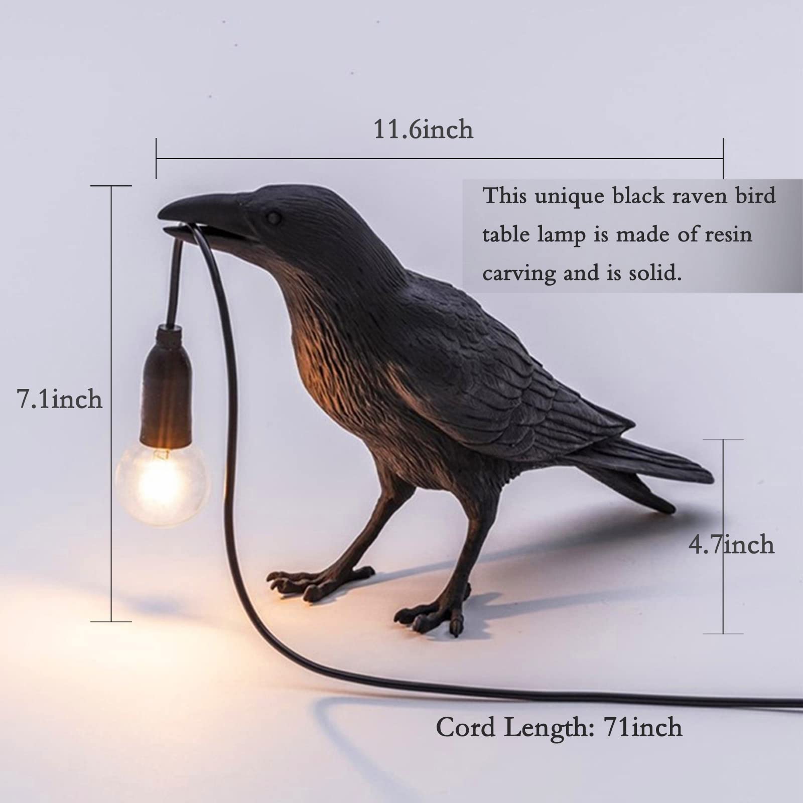 Nordiem Crow Table Lamps Bird Desk Lamp Bedroom Wall Sconce Lamp Light Resin Decoration E12 110V Led Bulb (Black Sitting Table Lamp)