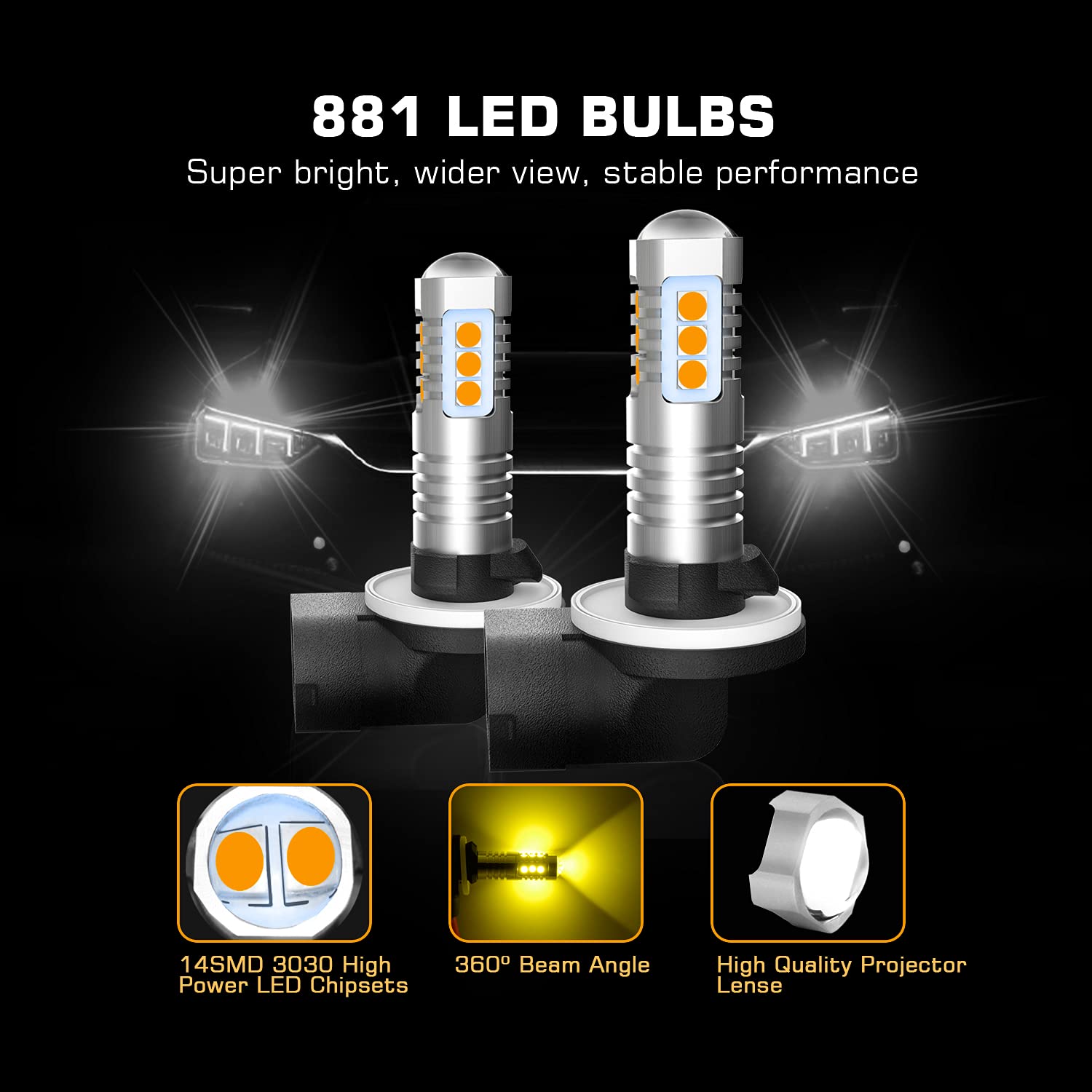 BRISHINE LED Fog Light Bulbs Pack of 2, Extremely Bright 3030 Chips, 881/889, Golden Yellow, Model BRI-Fog14SMD3030-881A