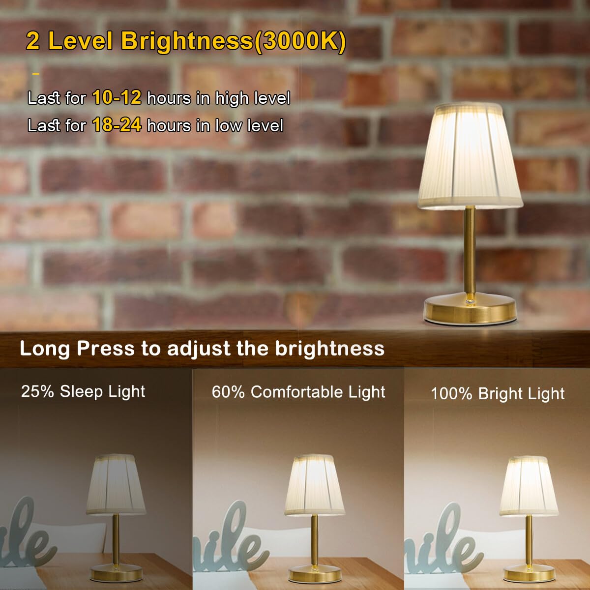 Eypid 3W Led Small Rechargeable Lamp,2000Mah Battery Operated Lamps,Vintage Brass Mini Lamps,2 Level Brightness Small Gold Cordl