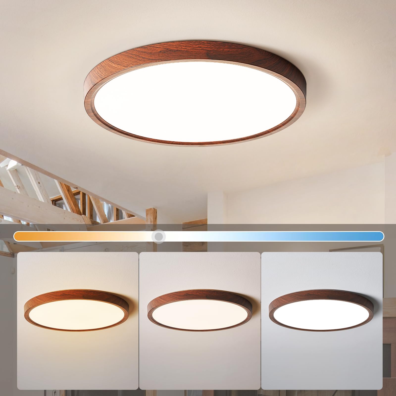 HEYAN Walnut Wood Flush Mount Ceiling Light Fixture,12 Inch Dimmable LED Ceiling Light with 3000K-4000K-6000K Selectable Flat Lo