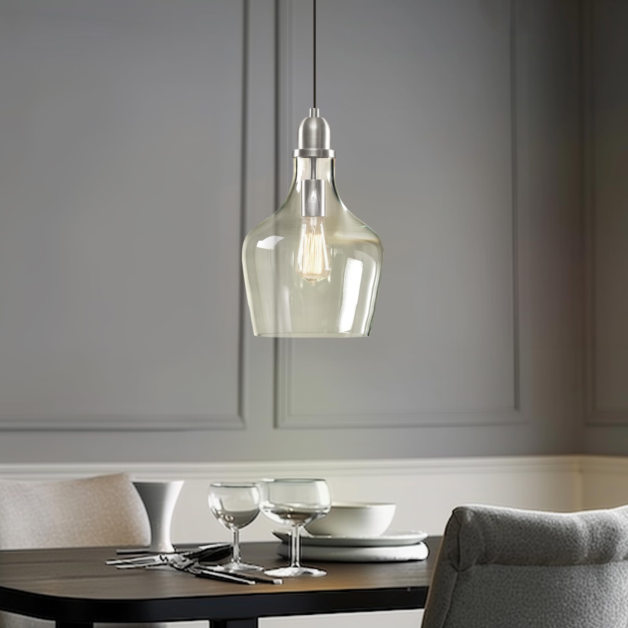 Hampton Hill Auburn Pendant Kitchen Lighting For Dining Room, Industrial Kitchen Lights, Hand-Blown Glass Bell Shaped Pendant Light For Kitchen Island, Foyer, Bedroom, 9&quot; Dia X 95.5&quot; H, Silver/Clear