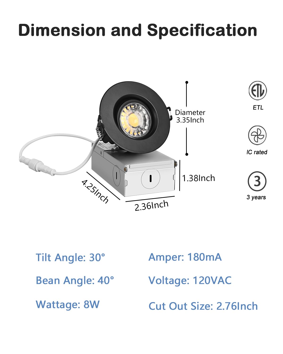 ZYC 3 Inch Gimbal LED Recessed Light - 10 Pack, Dimmable, 8W 850LM, 5 CCT (2700K-5000K),
