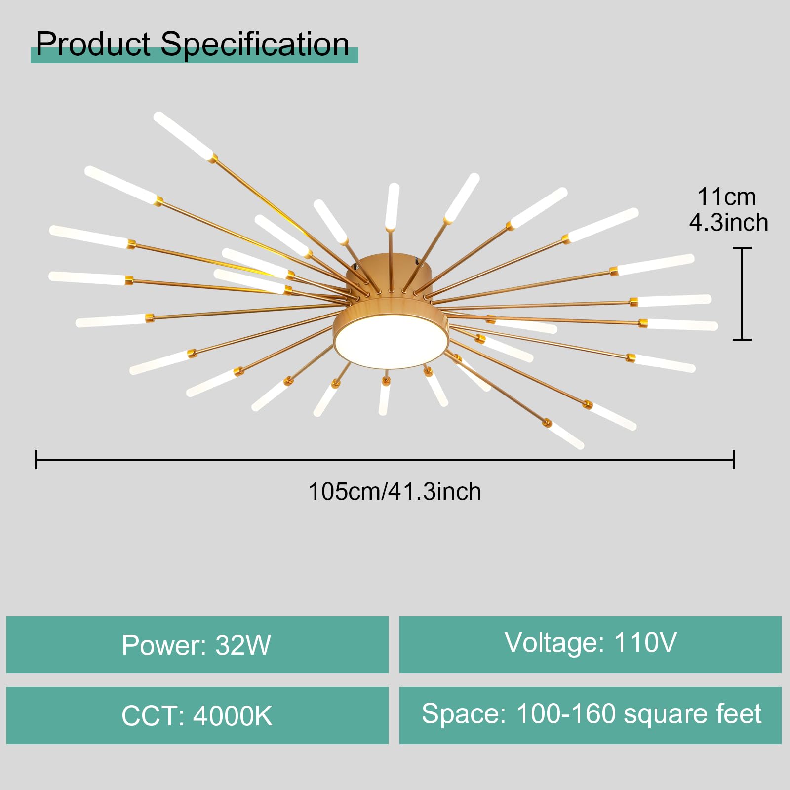 Ziidoo Modern Ceiling Light  28+1 Lights Metal Firework Designed Chic Led Lighting Fixture For Farmhouse Kitchen Dining Room Bedroom Hallway Living Room (Gold And Dark Gold)