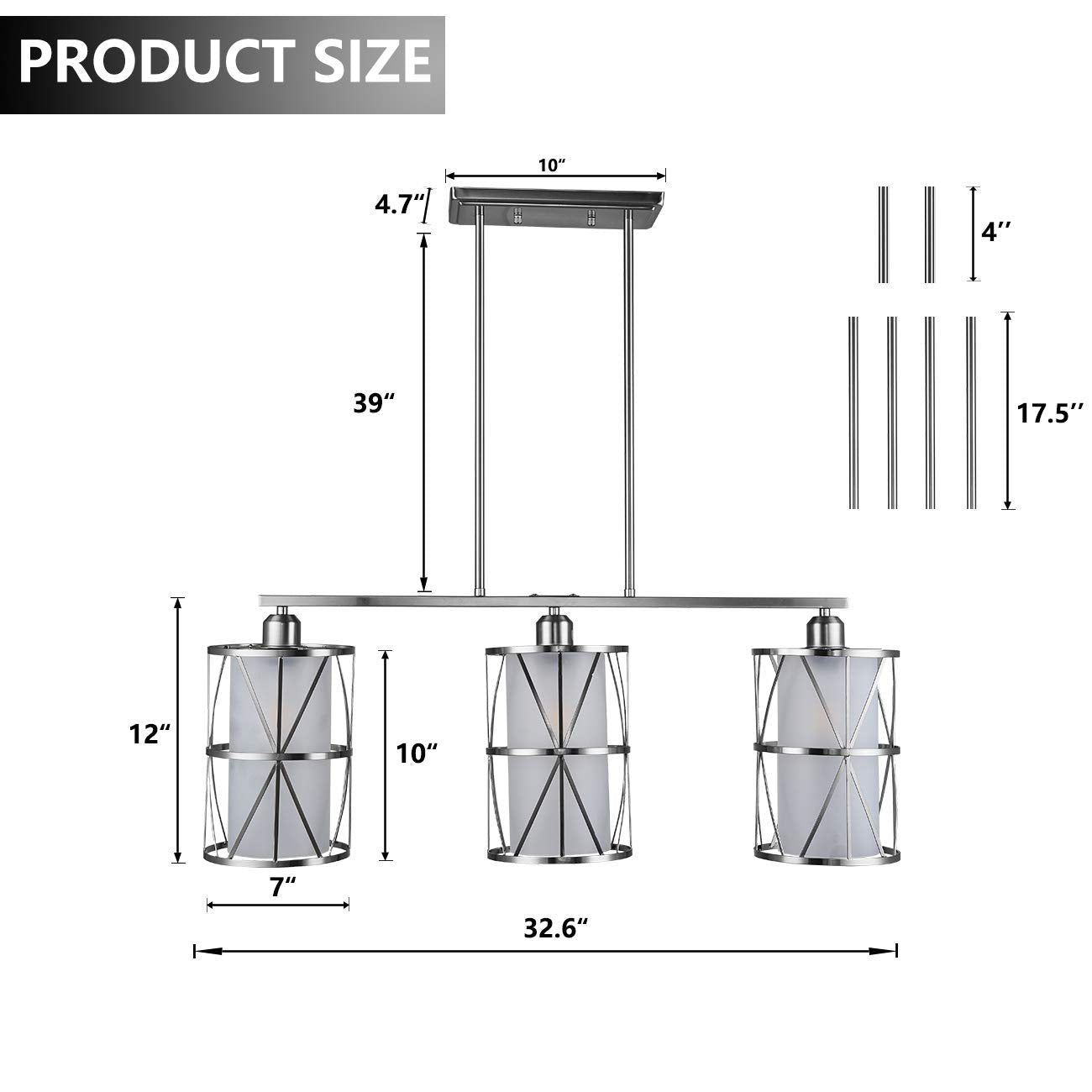 Shengqingtop 33&quot; Modern Kitchen Island Lights With Cylindrical Frosted Glass Shade, 3-Light Dining Room Lighting Fixtures Hanging, New Transitional Multi Pendant Lighting, Brushed Nickel Finish
