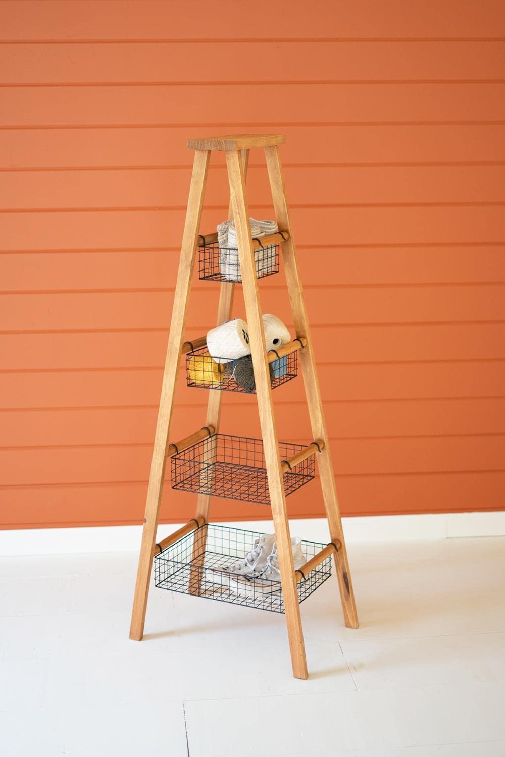 WOODEN LADDER WITH WIRE BASKETS DISPLAY