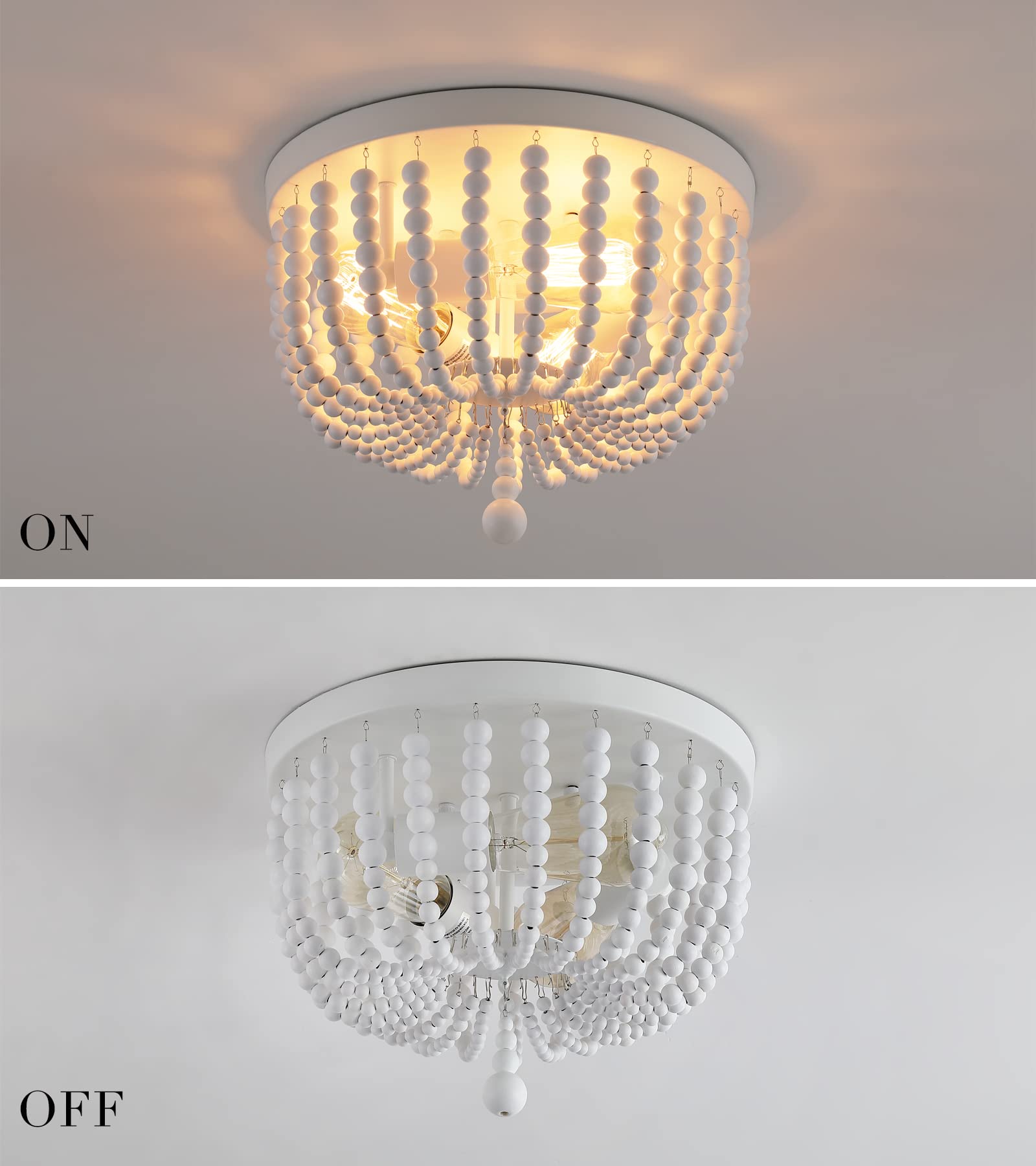 Q&S White Boho Beaded Chandelier Light Fixture, 3-Lights, Metal and Wood Bead, Flush Mount for Bedroom, Kitchen, Dining Room