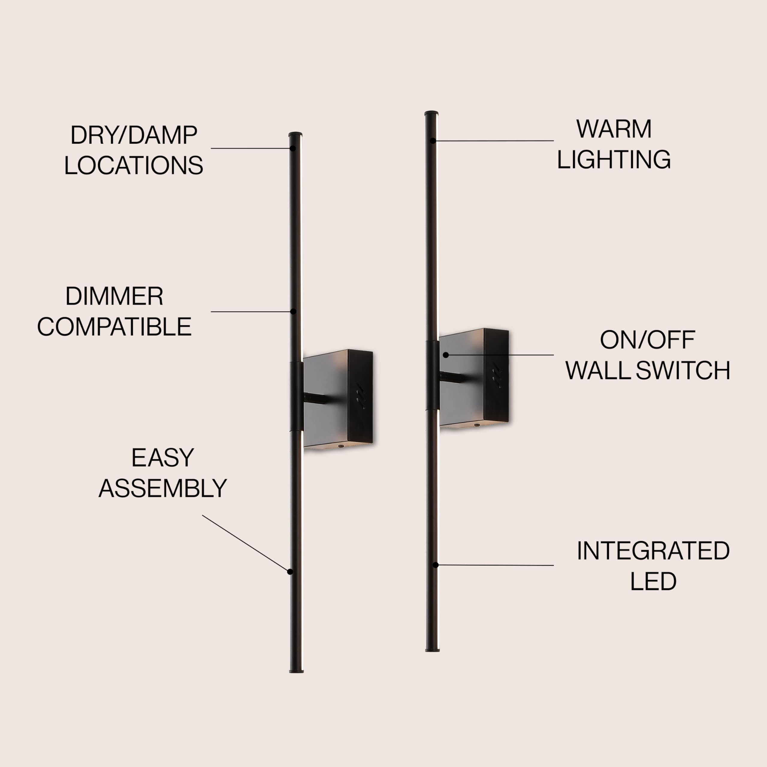 Jonathan Y Jyl7022C-Set2 Makena 28'' Modern Minimalist Dimmable Integrated Led Metal Wall Sconce, Black (Set Of 2) For Bedroom,