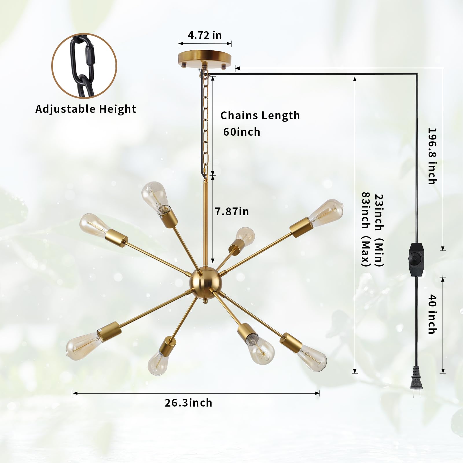 Hoxiya 26.3&quot; Dimmable Brass 8-Light Sputnik Chandelier, Modern Plug-In Pendant Light Fixture