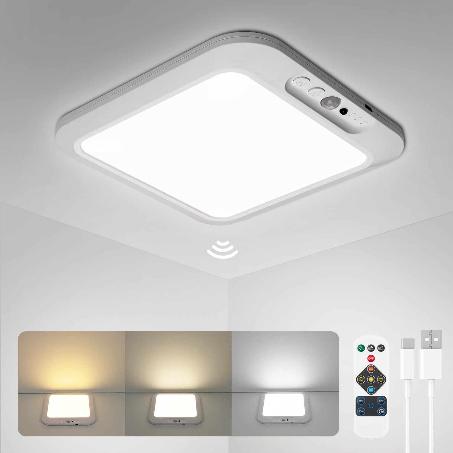 wowatt Rechargeable Motion Sensor Ceiling Light, 3000K-6500K Dimmable, Wireless Indoor Shower Lamp, 1 Pack, 3CCT-Square