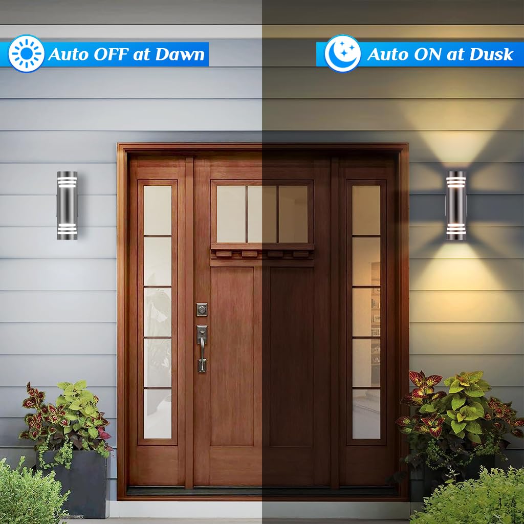SHIMR Modern Outdoor Wall Lights - 2 Pack Waterproof Stainless Steel with Brushed Nickel Finish, Dusk to Dawn LED Fixtures