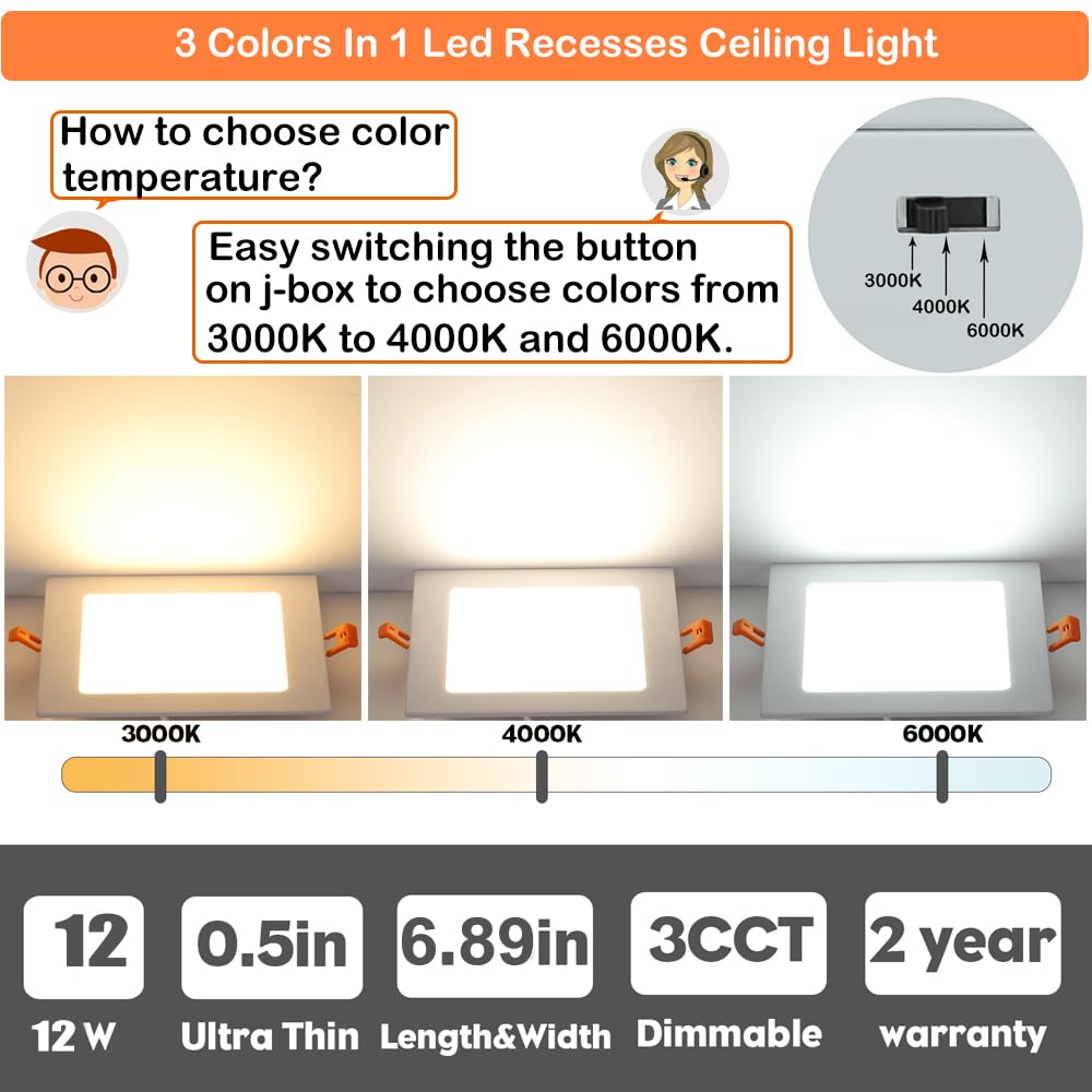 Qibang Square Led Recessed Lighting 6 Inch Dimmable With Junction Box,3Cct 3000K-4000K-6000K,1100Lm Cri90+ 12W Ultra-Thin Led Re