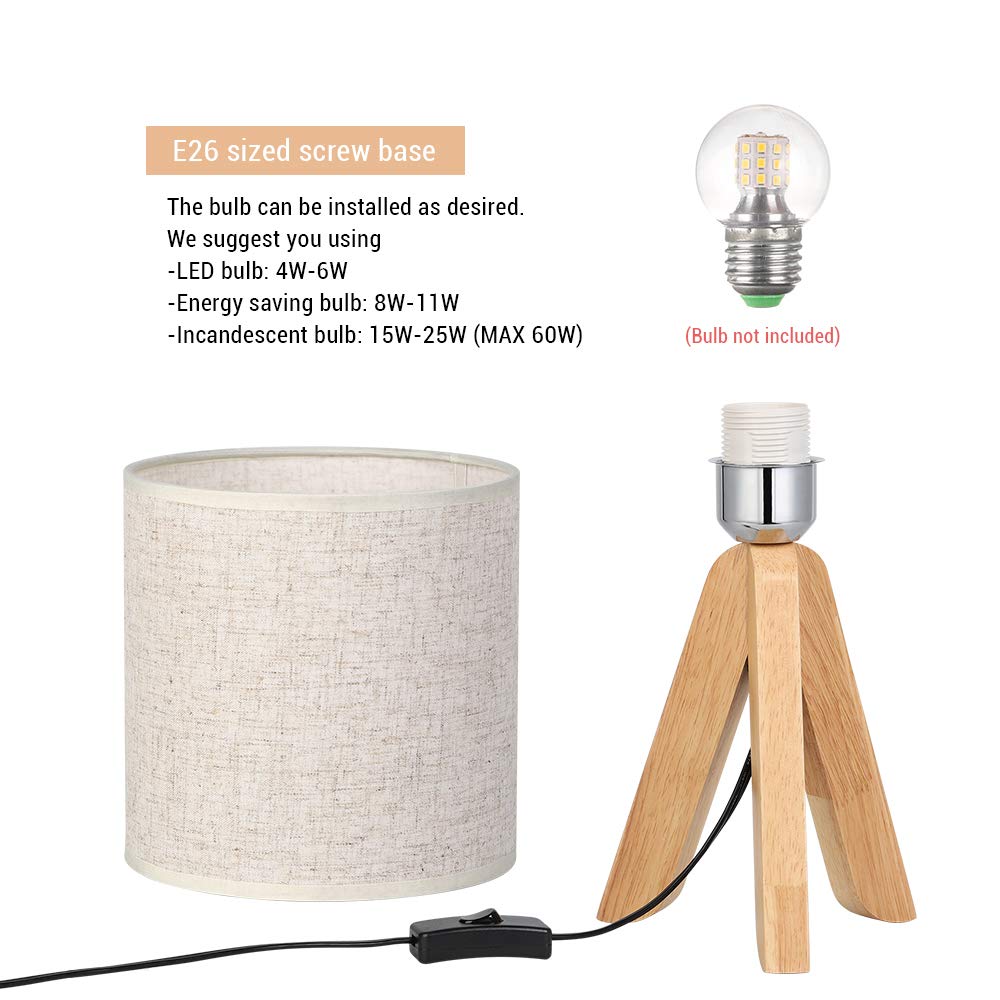 Haitral Small Wooden Tripod Bedside Table Lamp With Linen Shade - 13.4 Inches, Bedroom/Office