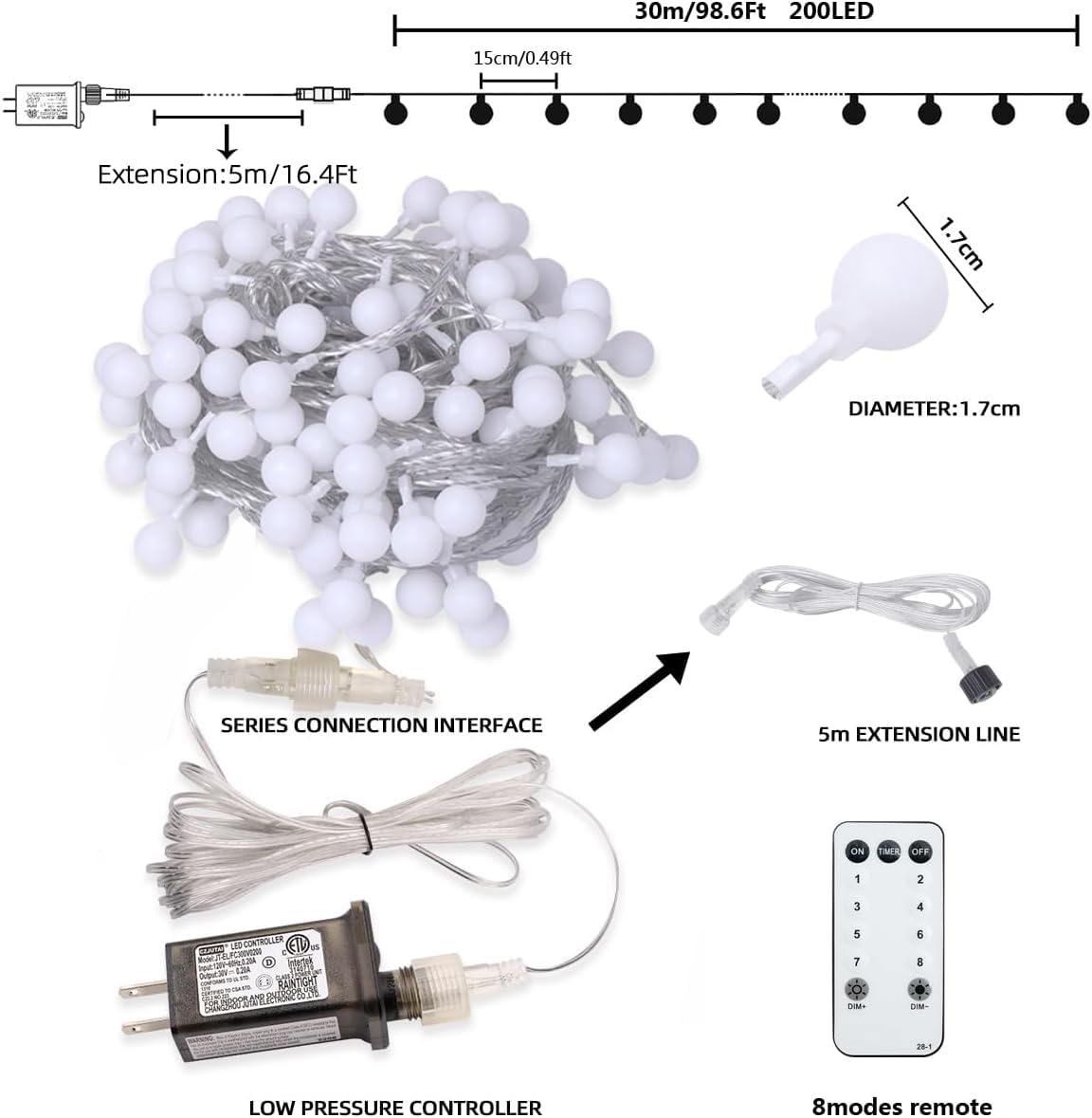 RaThun Globe String Lights, 200 LED, 116 Ft, 8 Modes, Waterproof, Warm White, Model JT-EL/FC300V0200