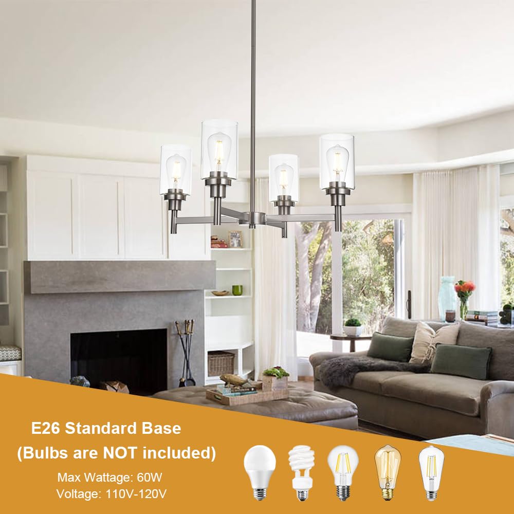 VINLUZ 4 Light Modern Chandelier Brushed Nickel Pendant Lighting for Dining Room, Kitchen, Living Room - Model 210-4SN, Clear Glass Shades
