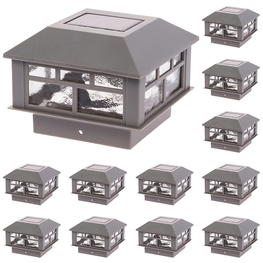 GreenLighting Solar Post Cap Lights, Waterproof Gray, 4x4 & 5x5 PVC/Vinyl, Bright LED, 12 Pack, Model TN-1222093