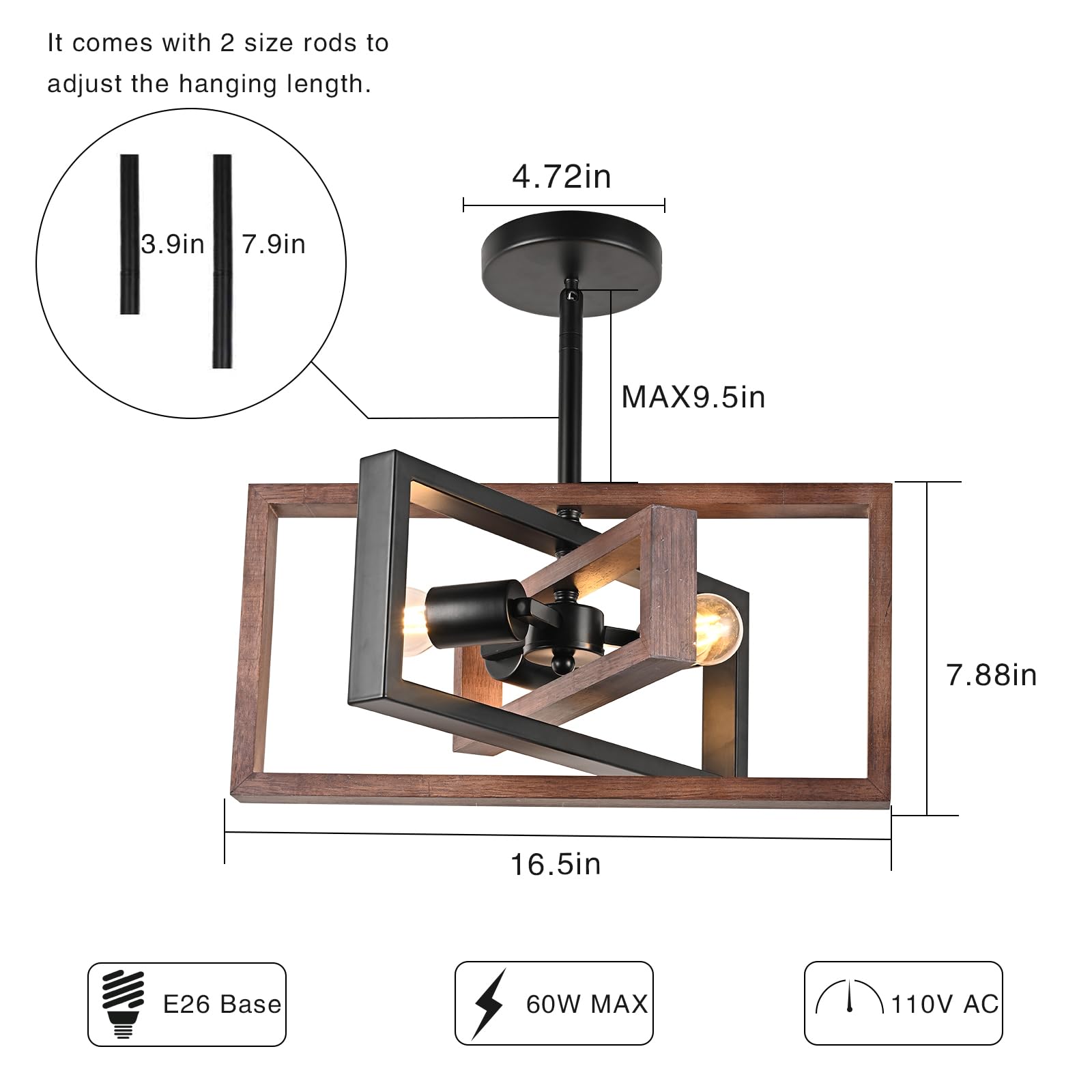 Huismier Farmhouse 3-Light Flush Mount Ceiling Light Fixture Rustic Metal And Wood Chandelier Retro Close To Ceiling Lighting Fo